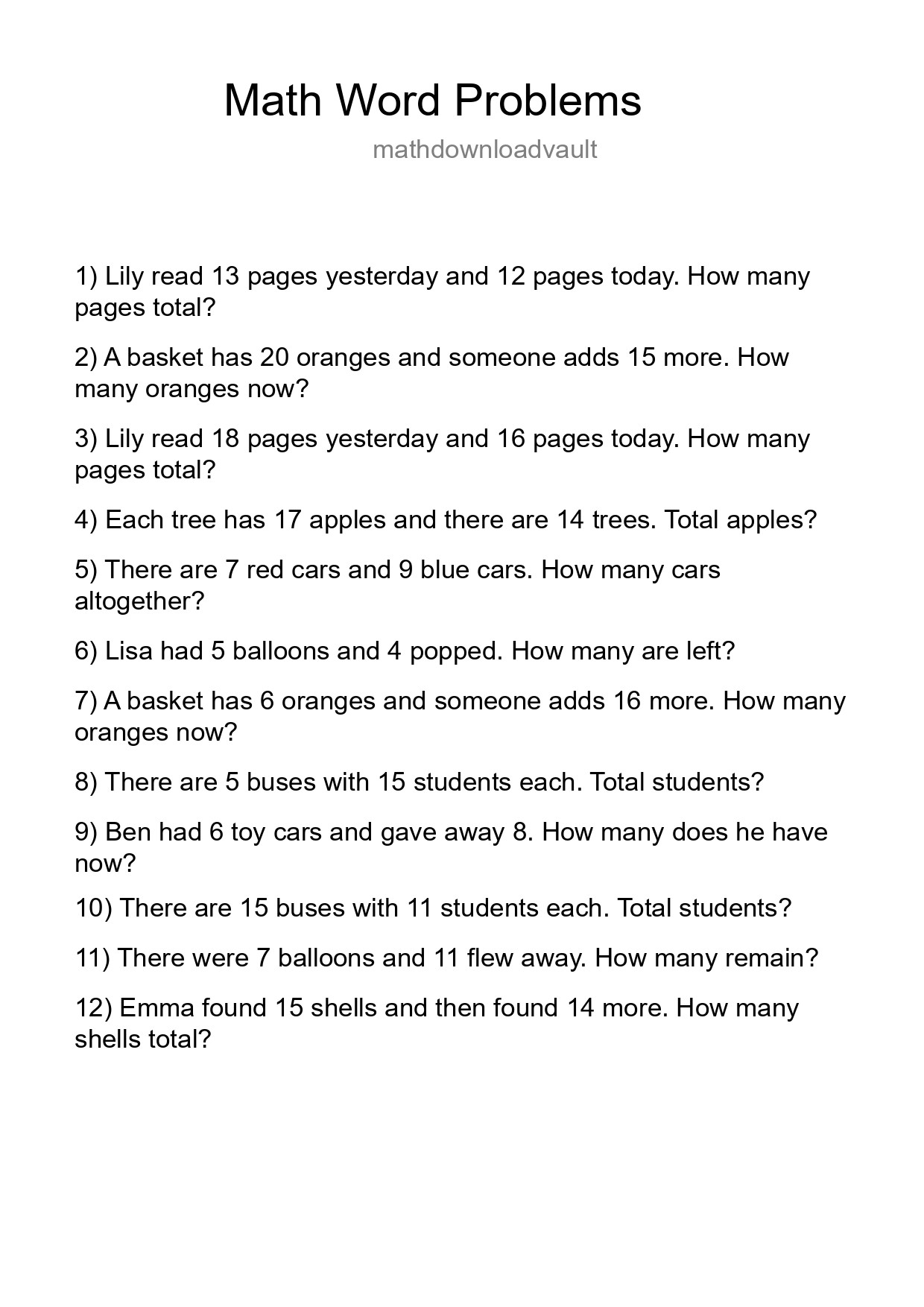 Math Word Problem Worksheet