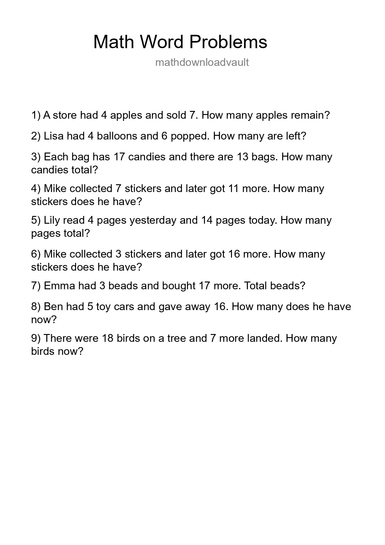 Math Word Problem Worksheet