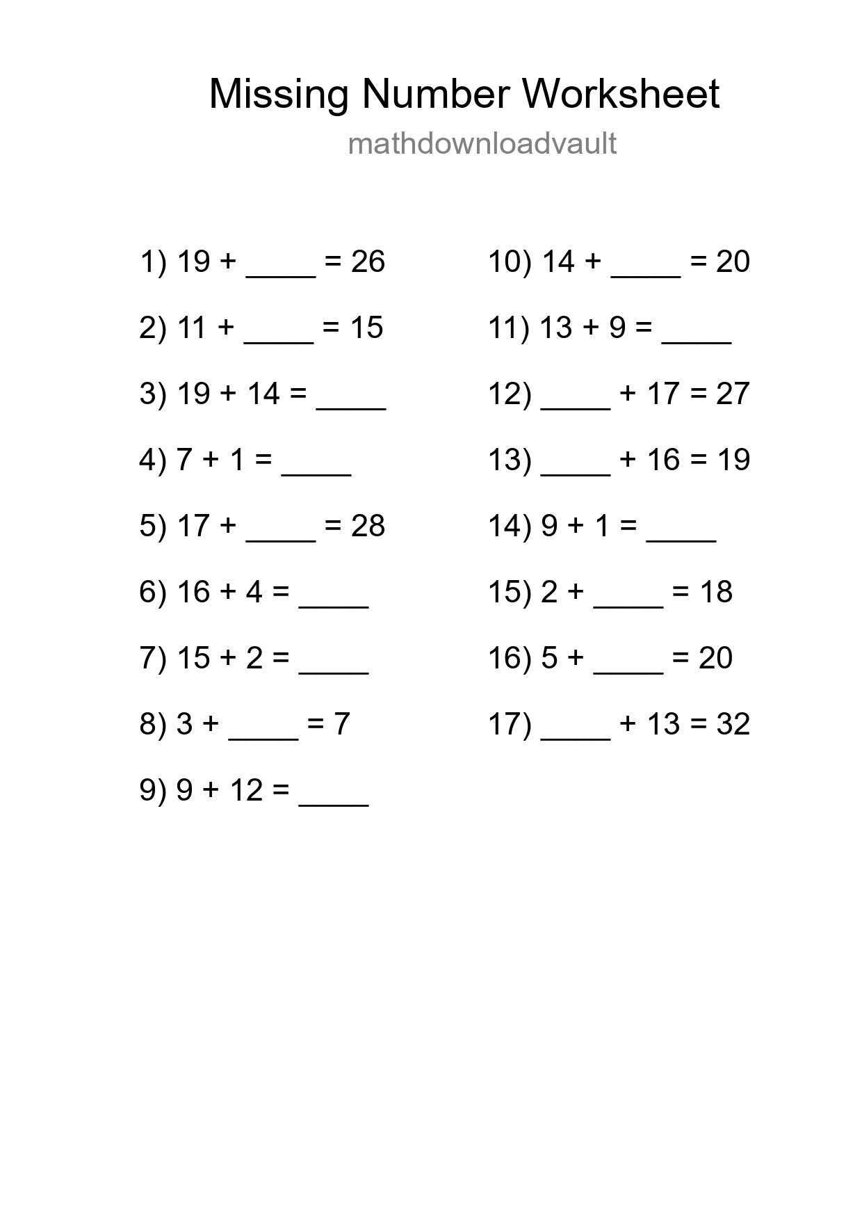 Missing Number Math Worksheet