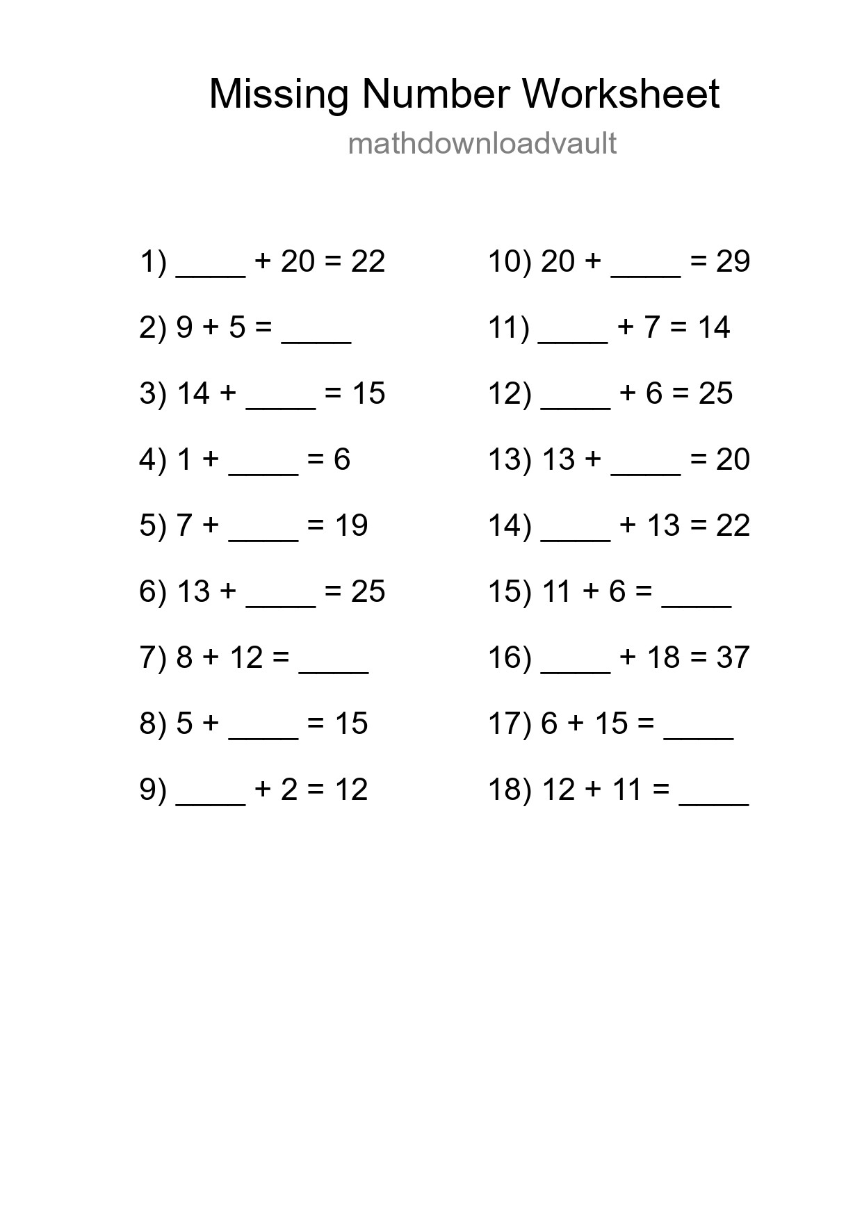 Missing Number Math Worksheet