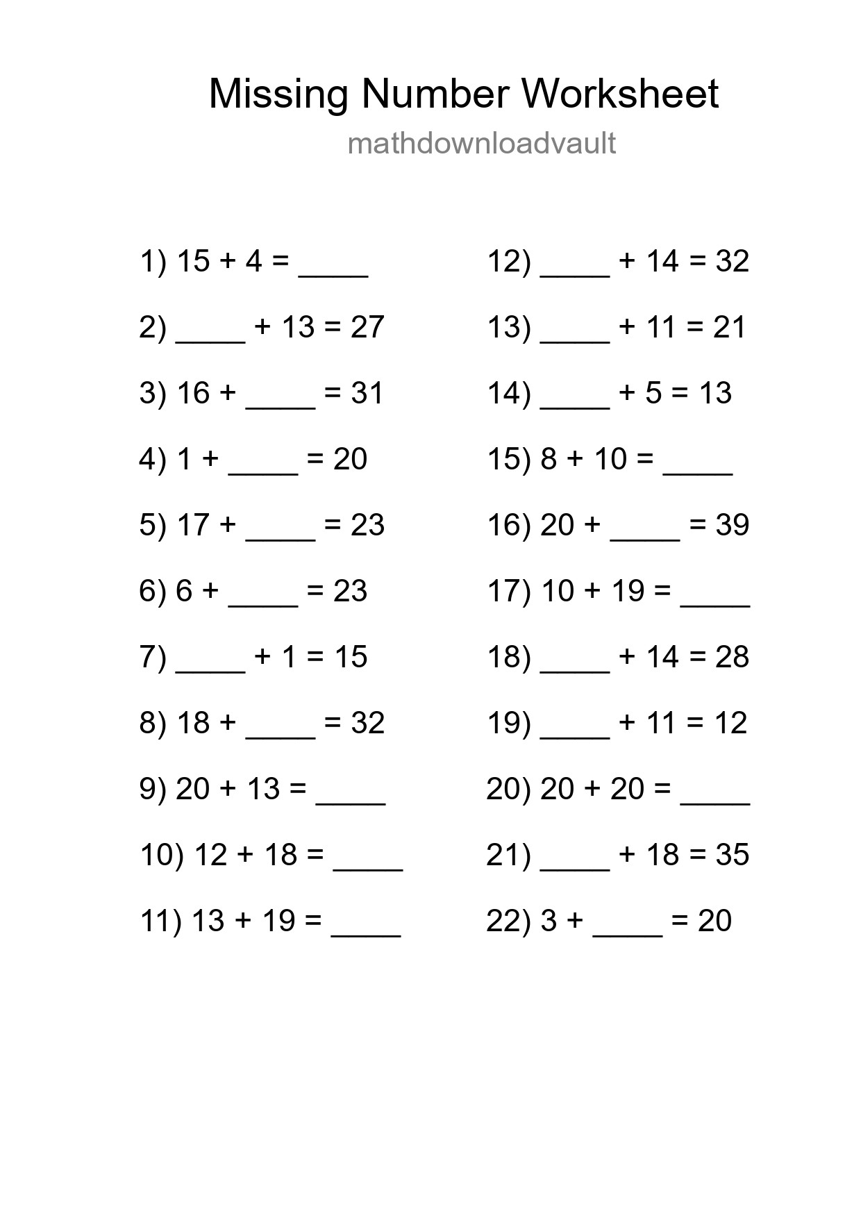 Missing Number Math Worksheet