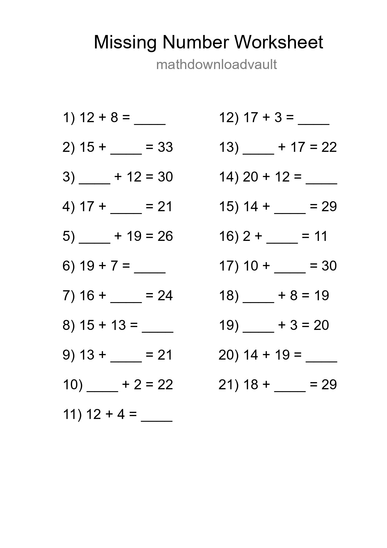 Missing Number Math Worksheet