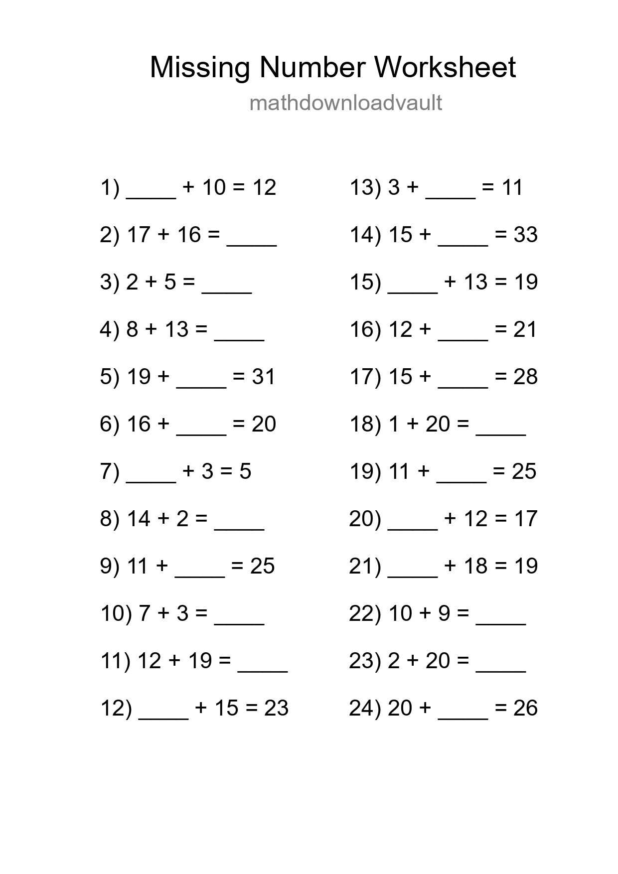Missing Number Math Worksheet