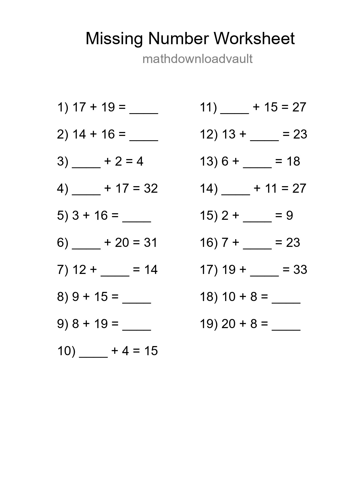 Missing Number Math Worksheet