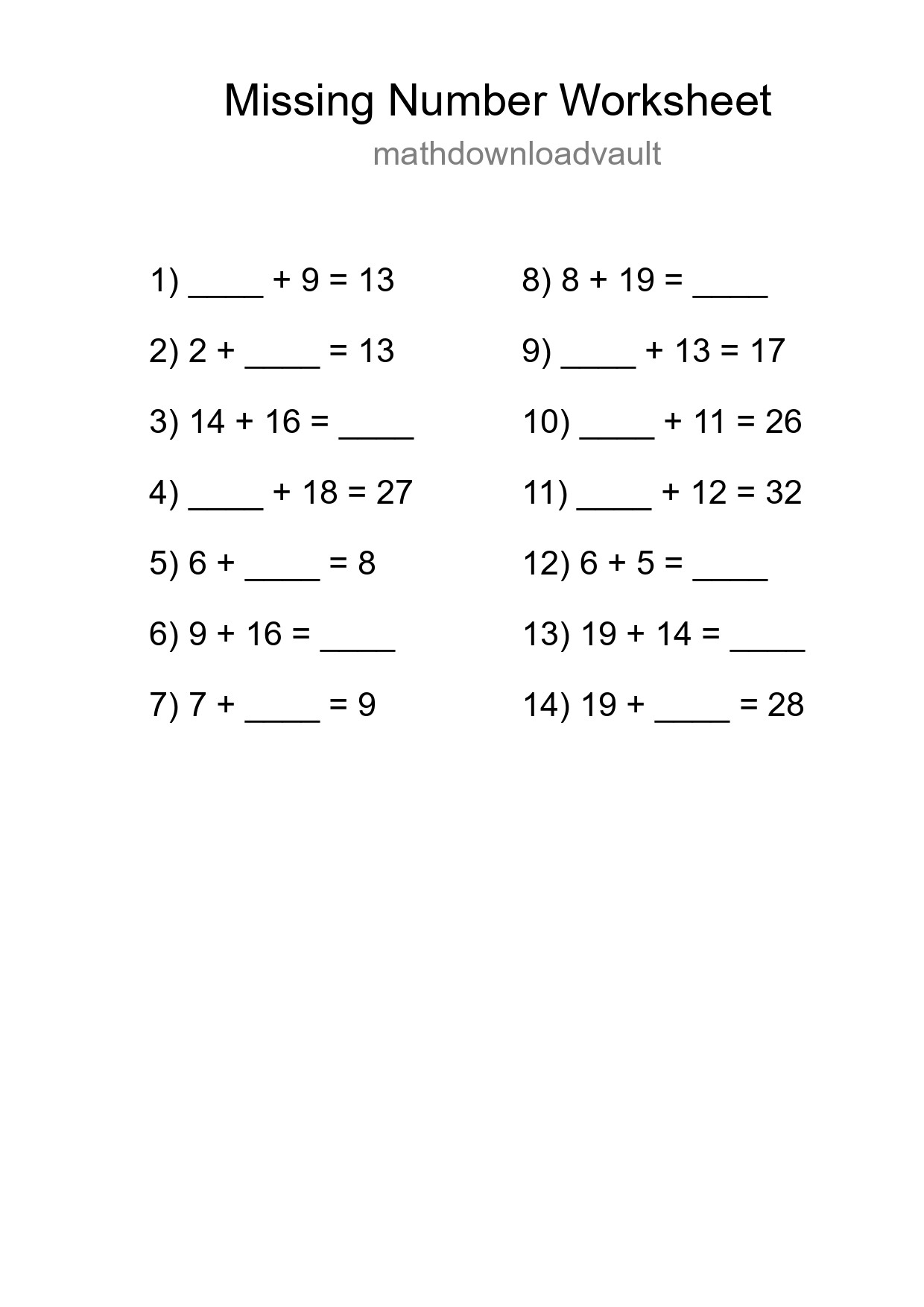 Missing Number Math Worksheet