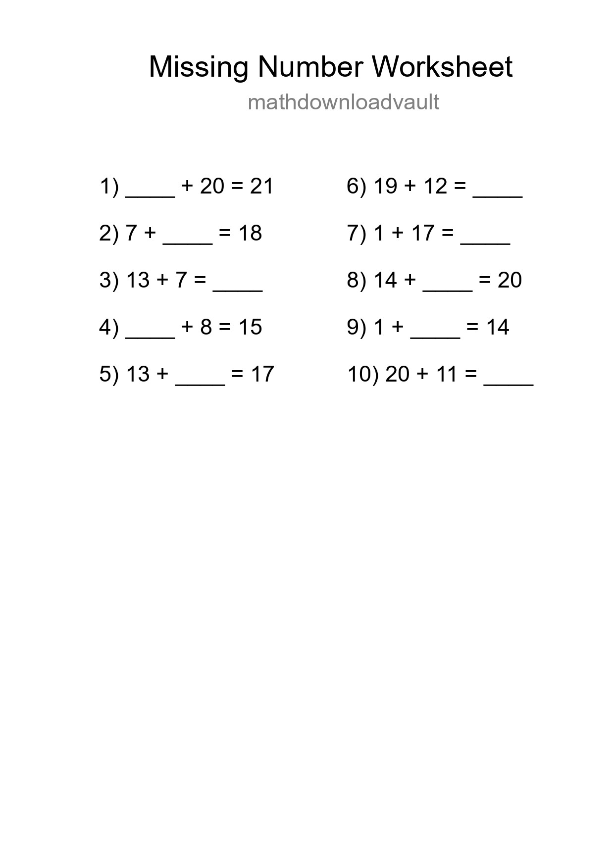 Missing Number Math Worksheet