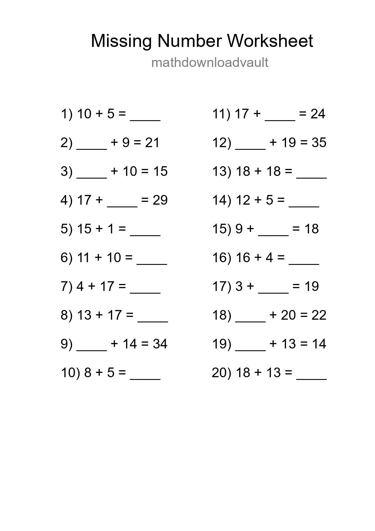 Missing Number Math Worksheet