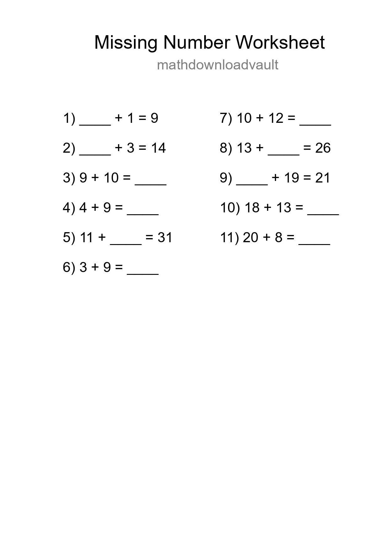 Missing Number Math Worksheet