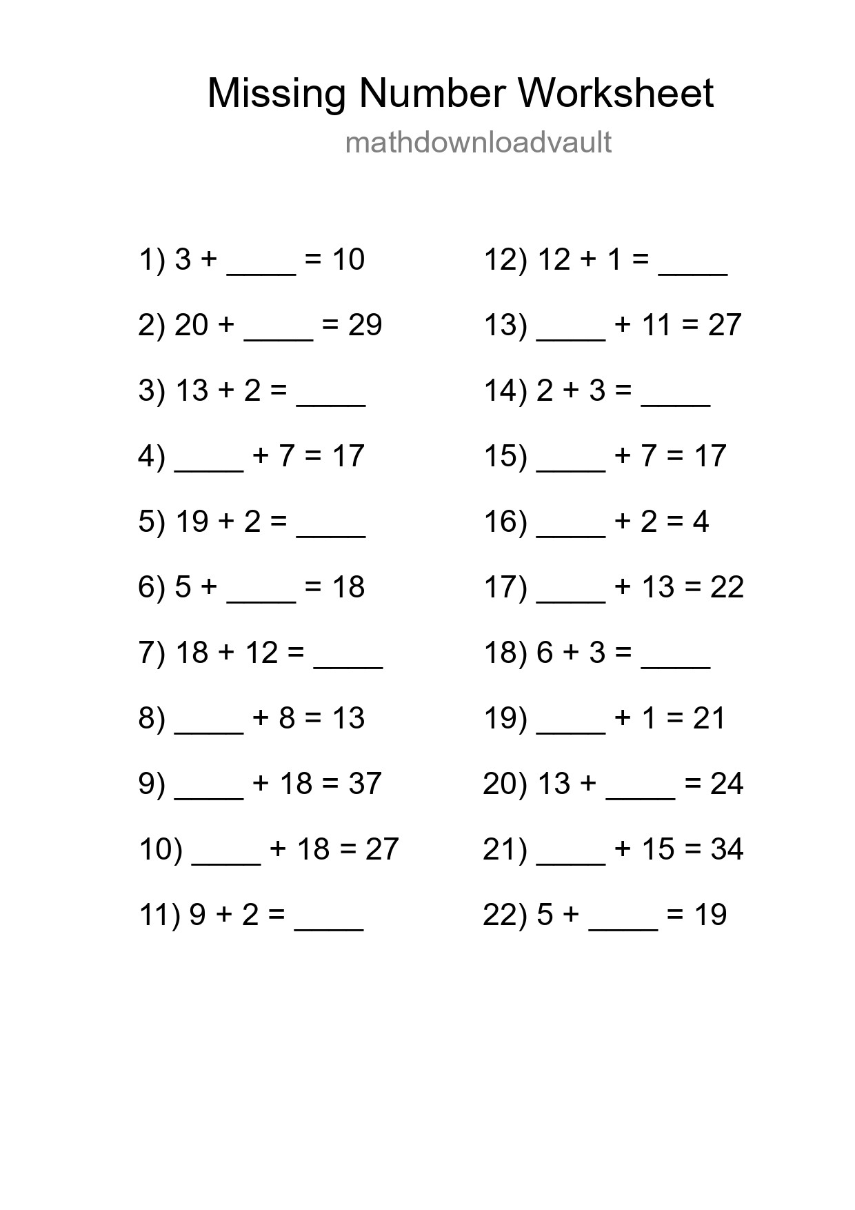 Missing Number Math Worksheet