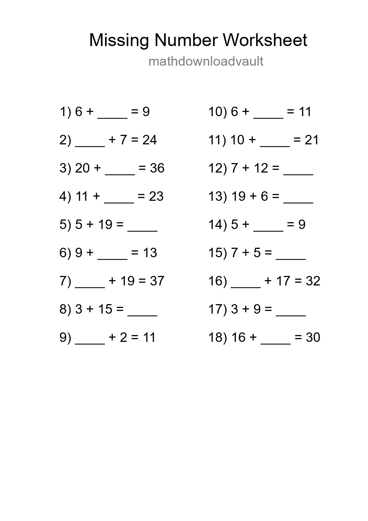 Missing Number Math Worksheet