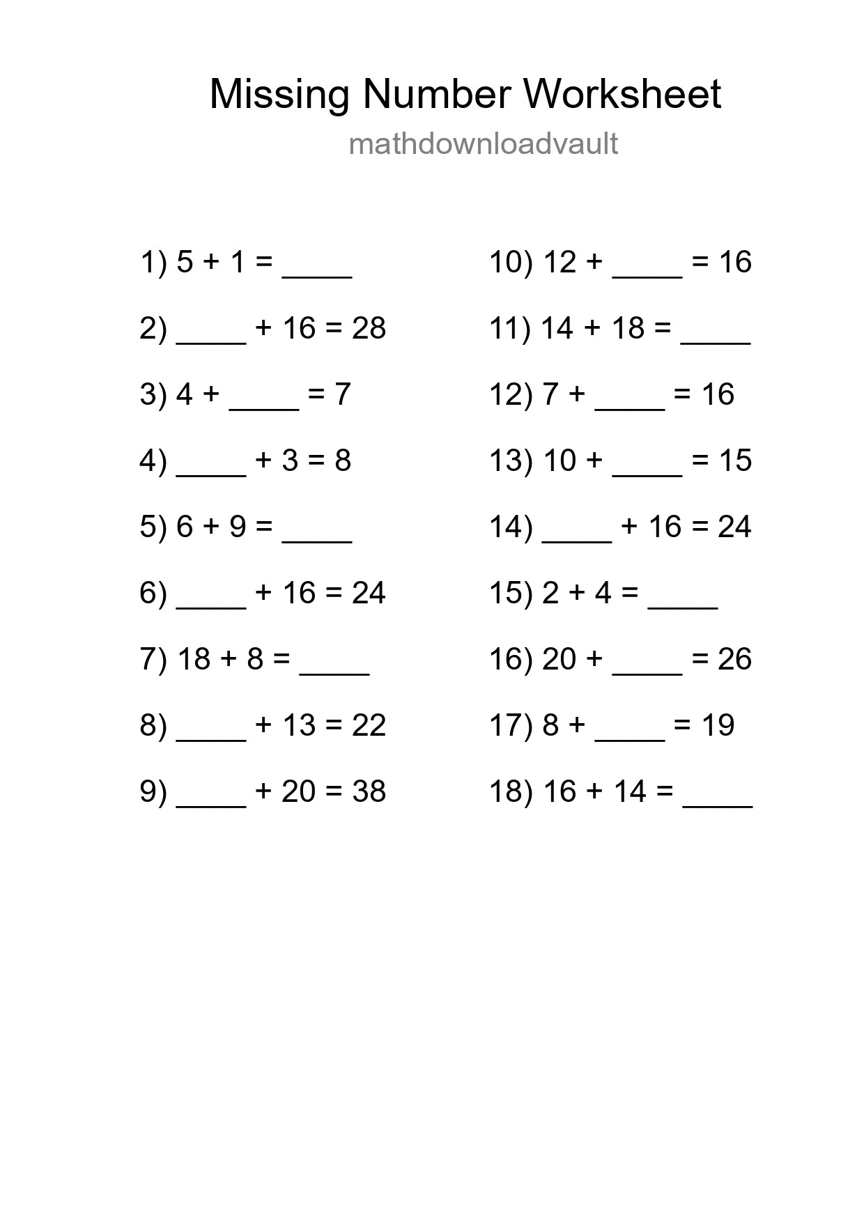 Missing Number Math Worksheet