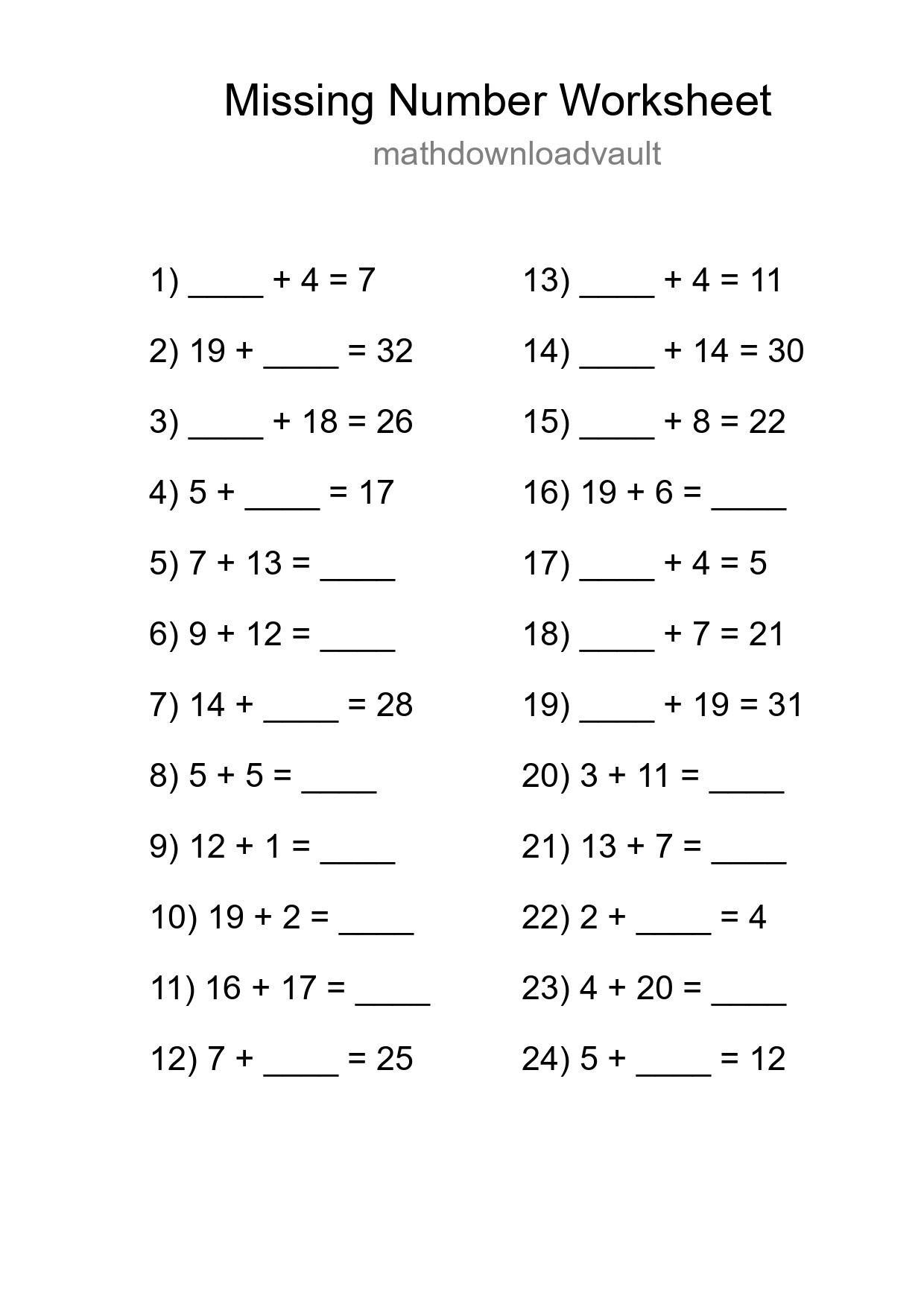 Missing Number Math Worksheet