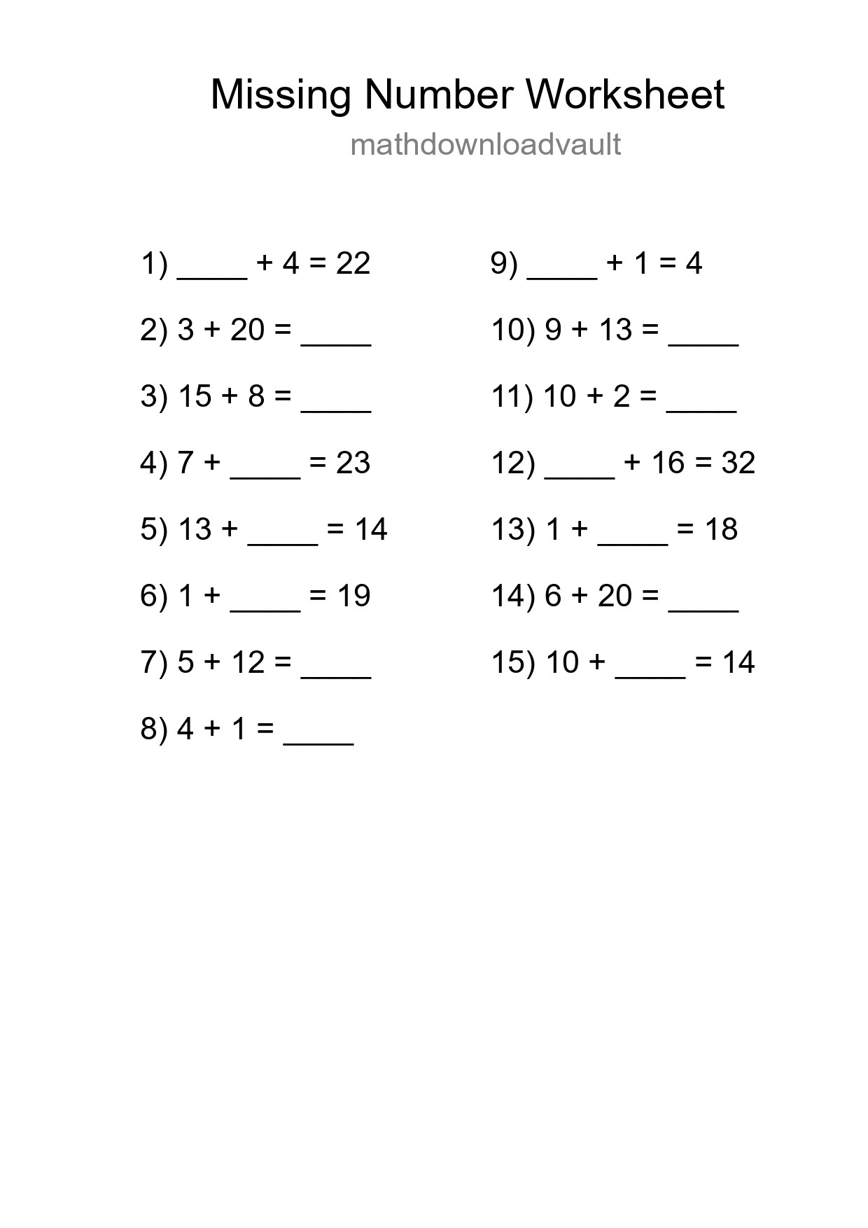 Missing Number Math Worksheet
