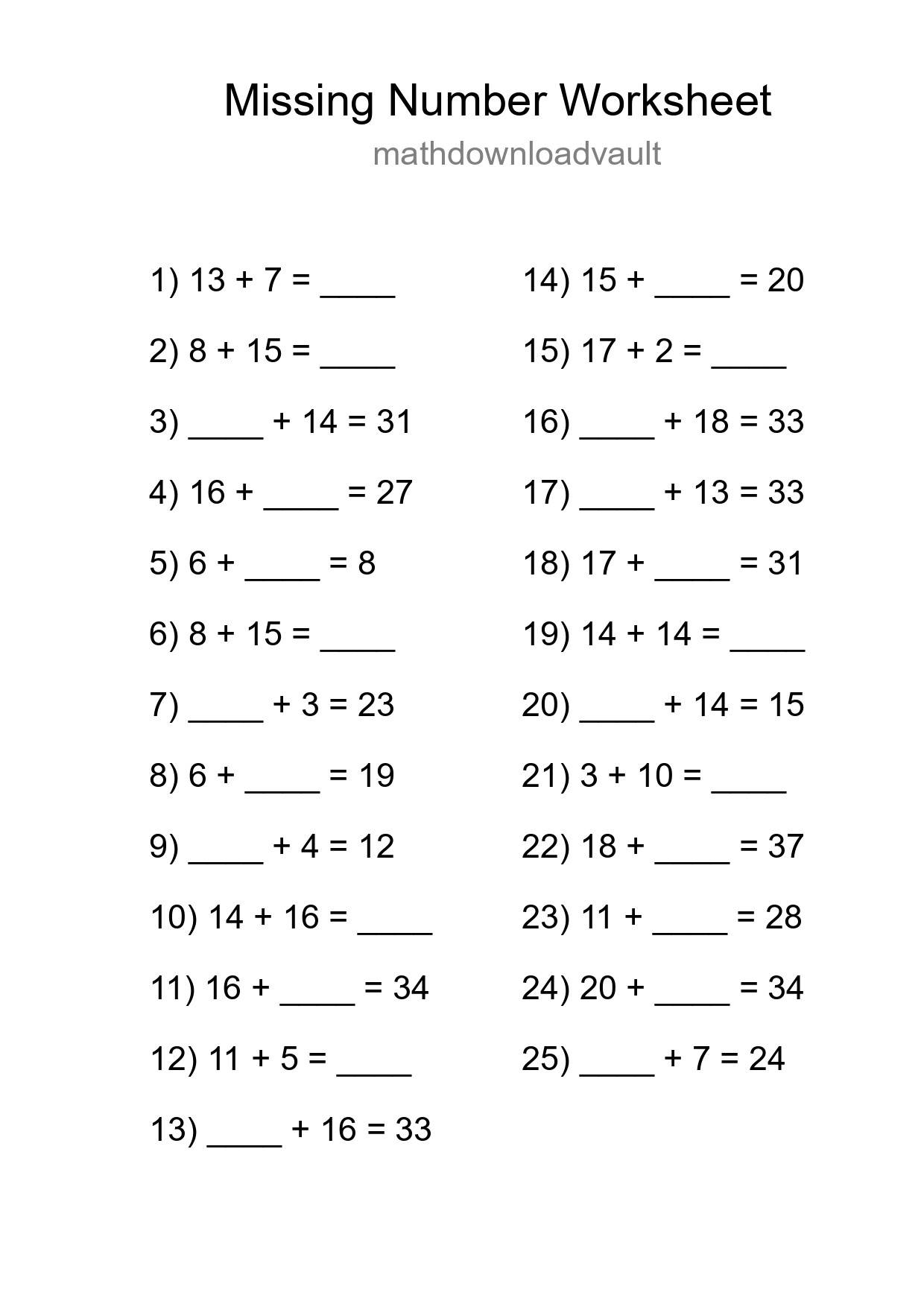Missing Number Math Worksheet