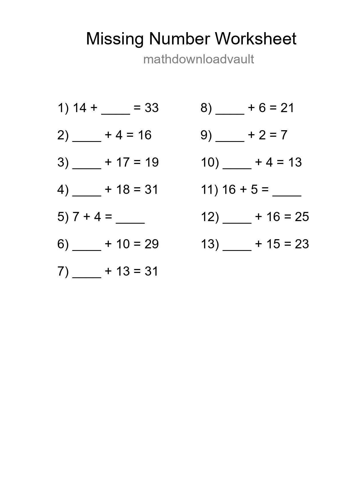 Missing Number Math Worksheet
