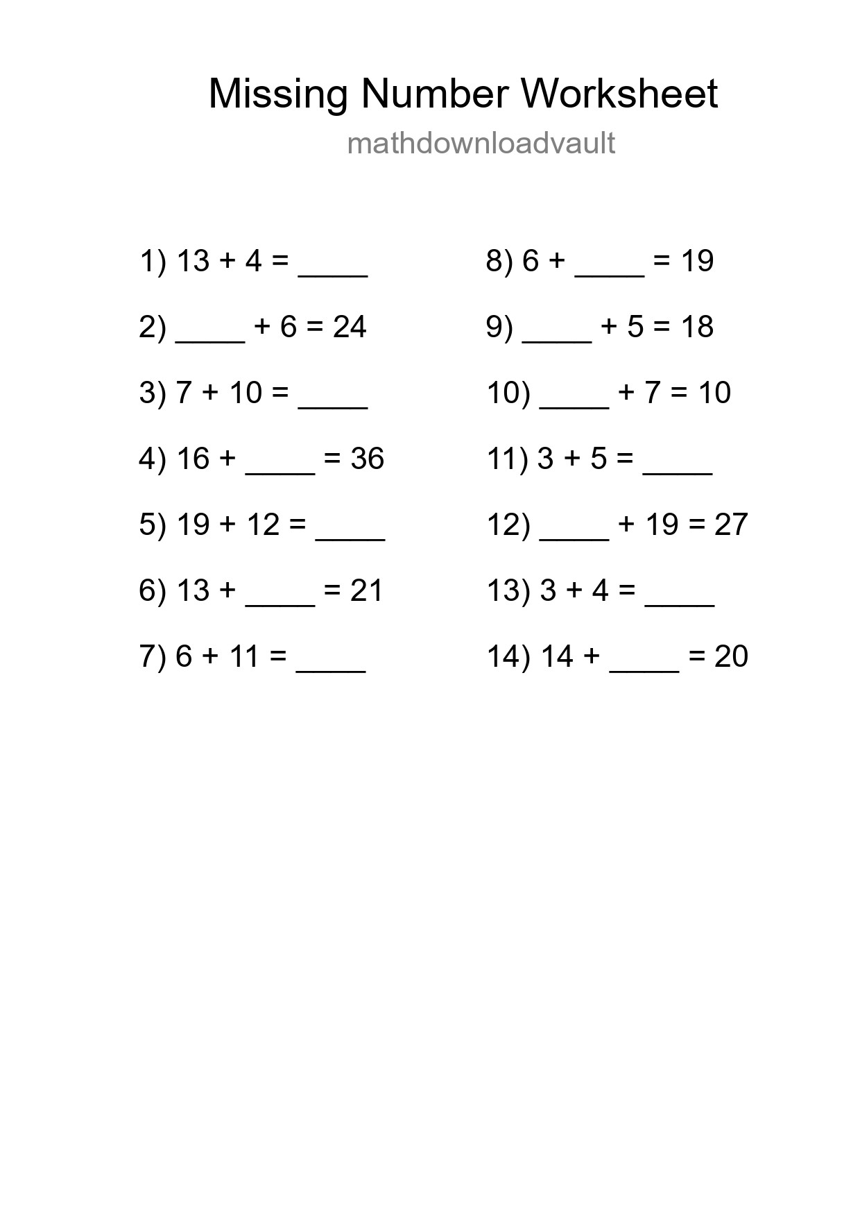 Missing Number Math Worksheet