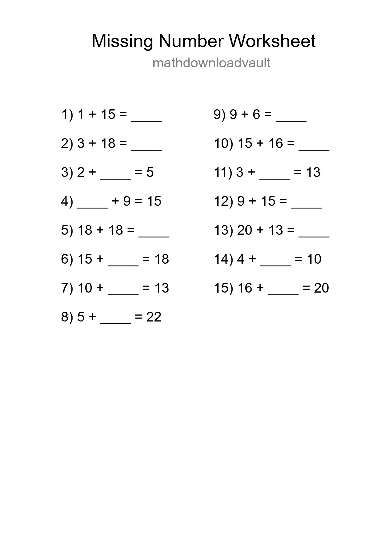 Missing Number Math Worksheet