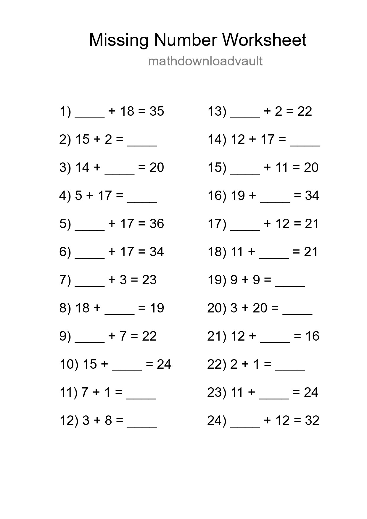 Missing Number Math Worksheet
