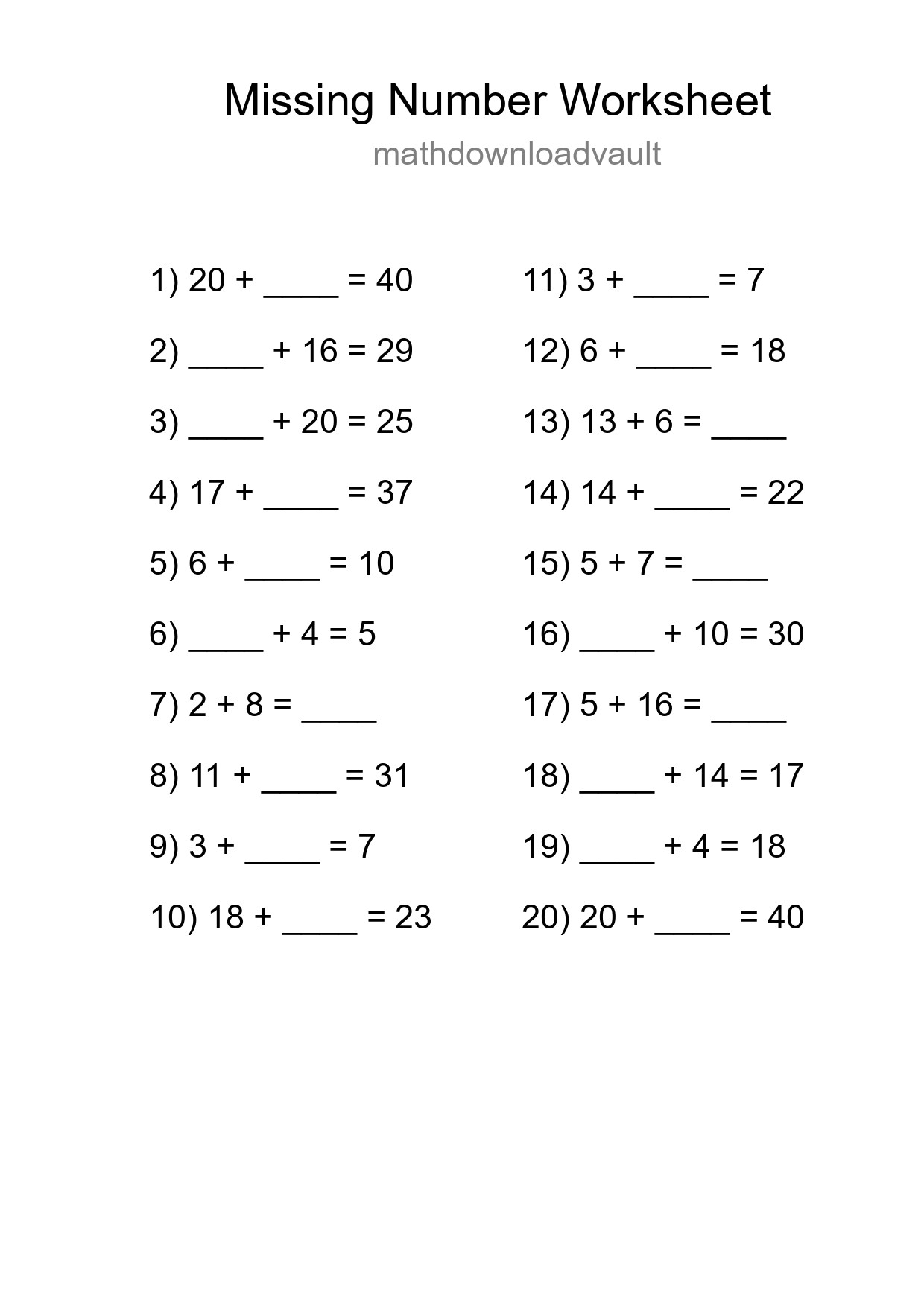 Missing Number Math Worksheet