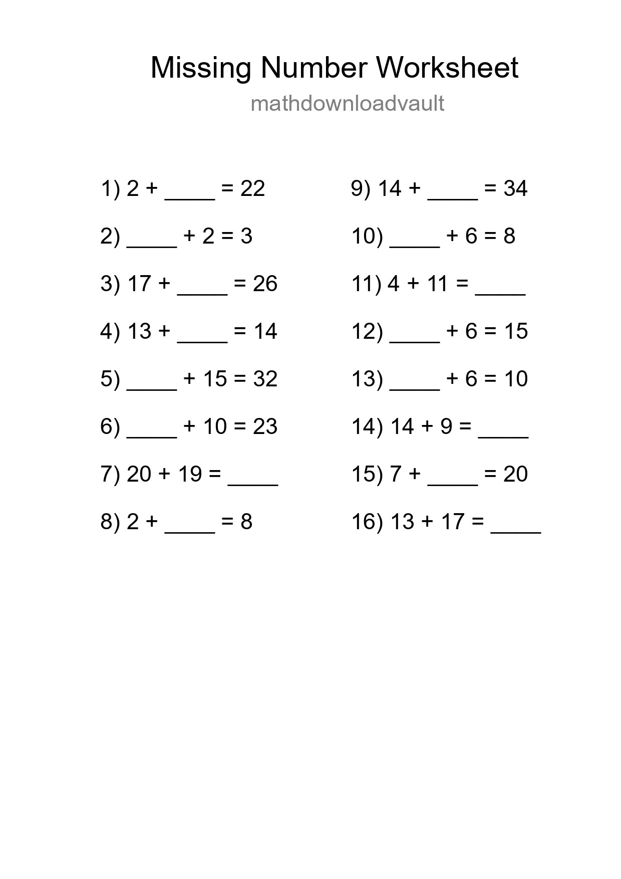 Missing Number Math Worksheet
