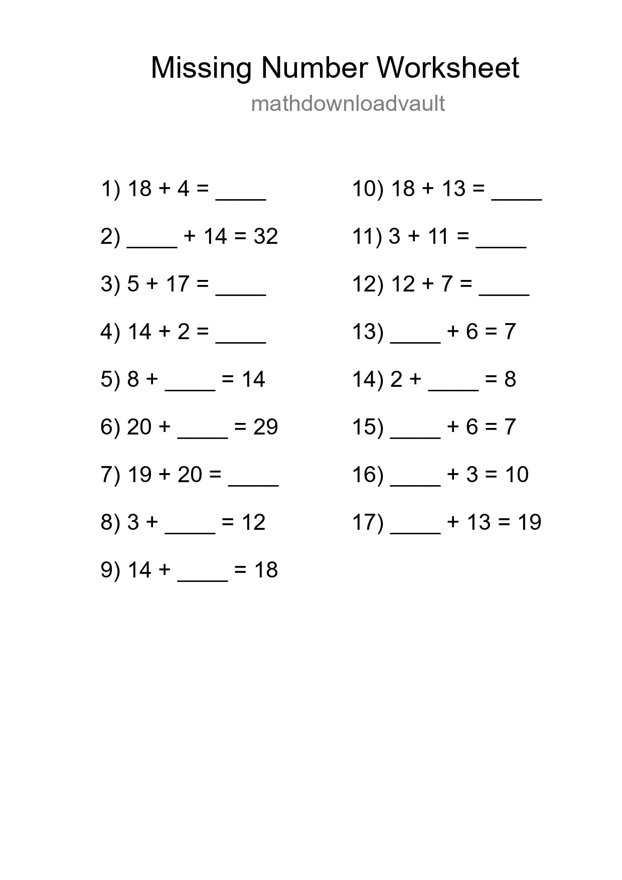 Missing Number Math Worksheet