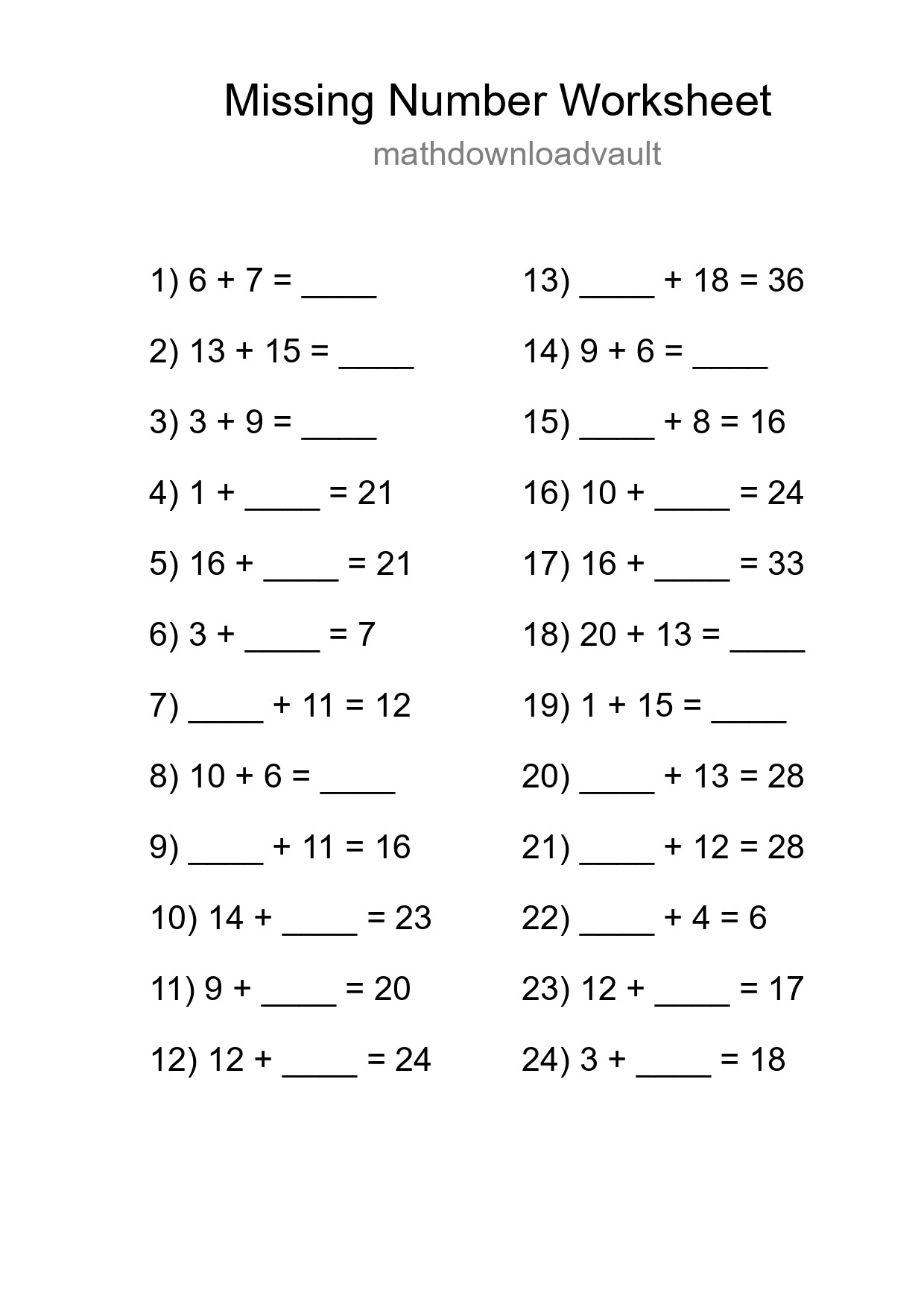 Missing Number Math Worksheet