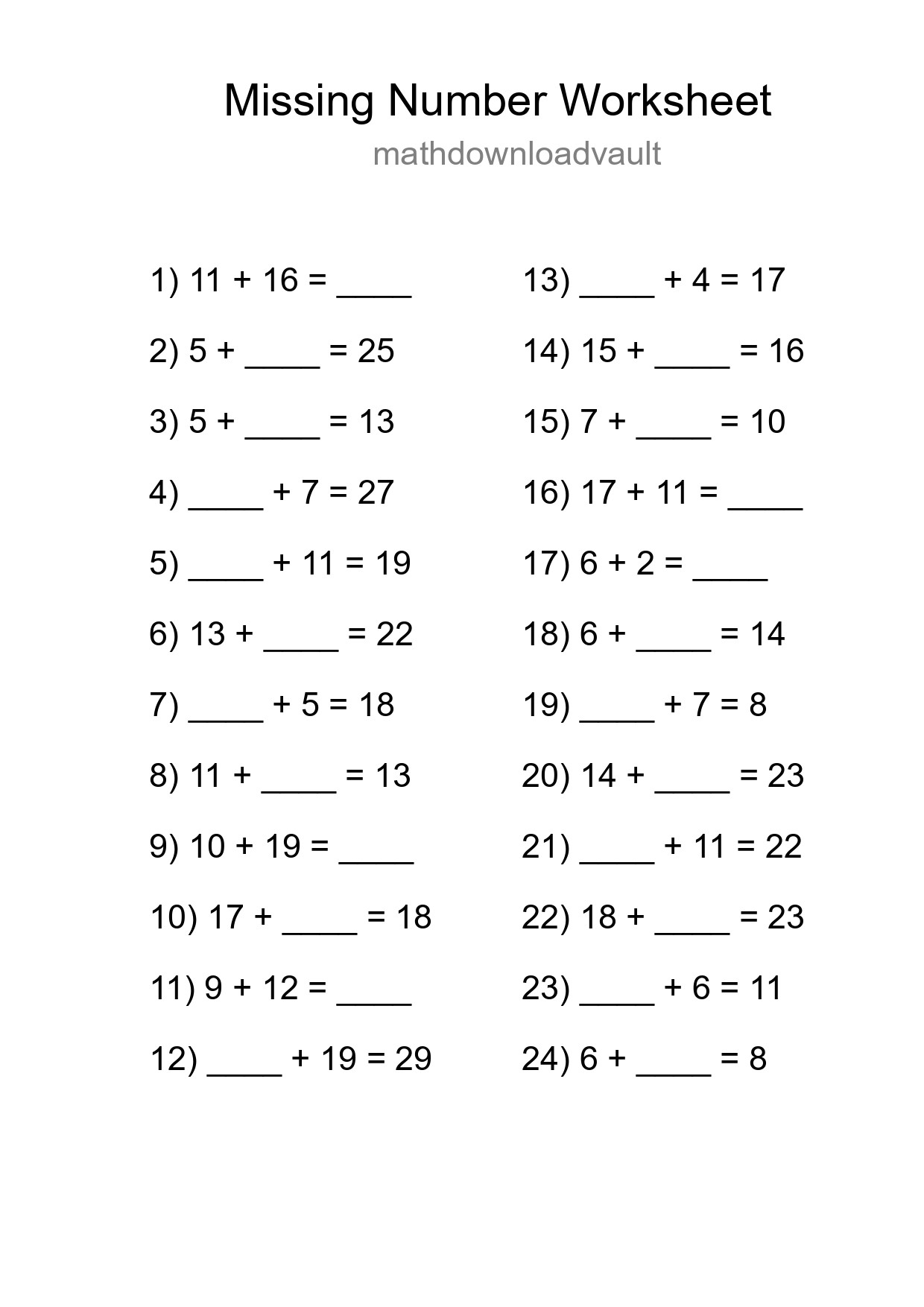 Missing Number Math Worksheet