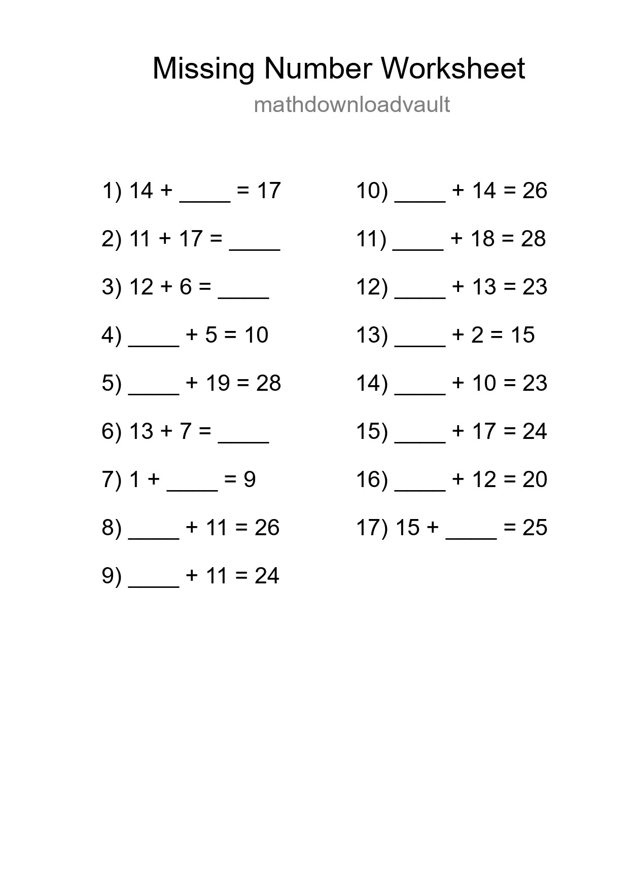Missing Number Math Worksheet