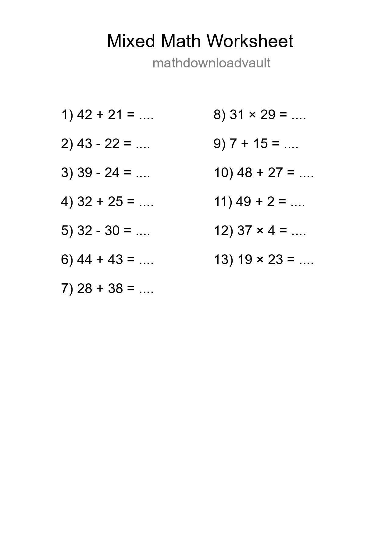 Mixed Operations Math Worksheet