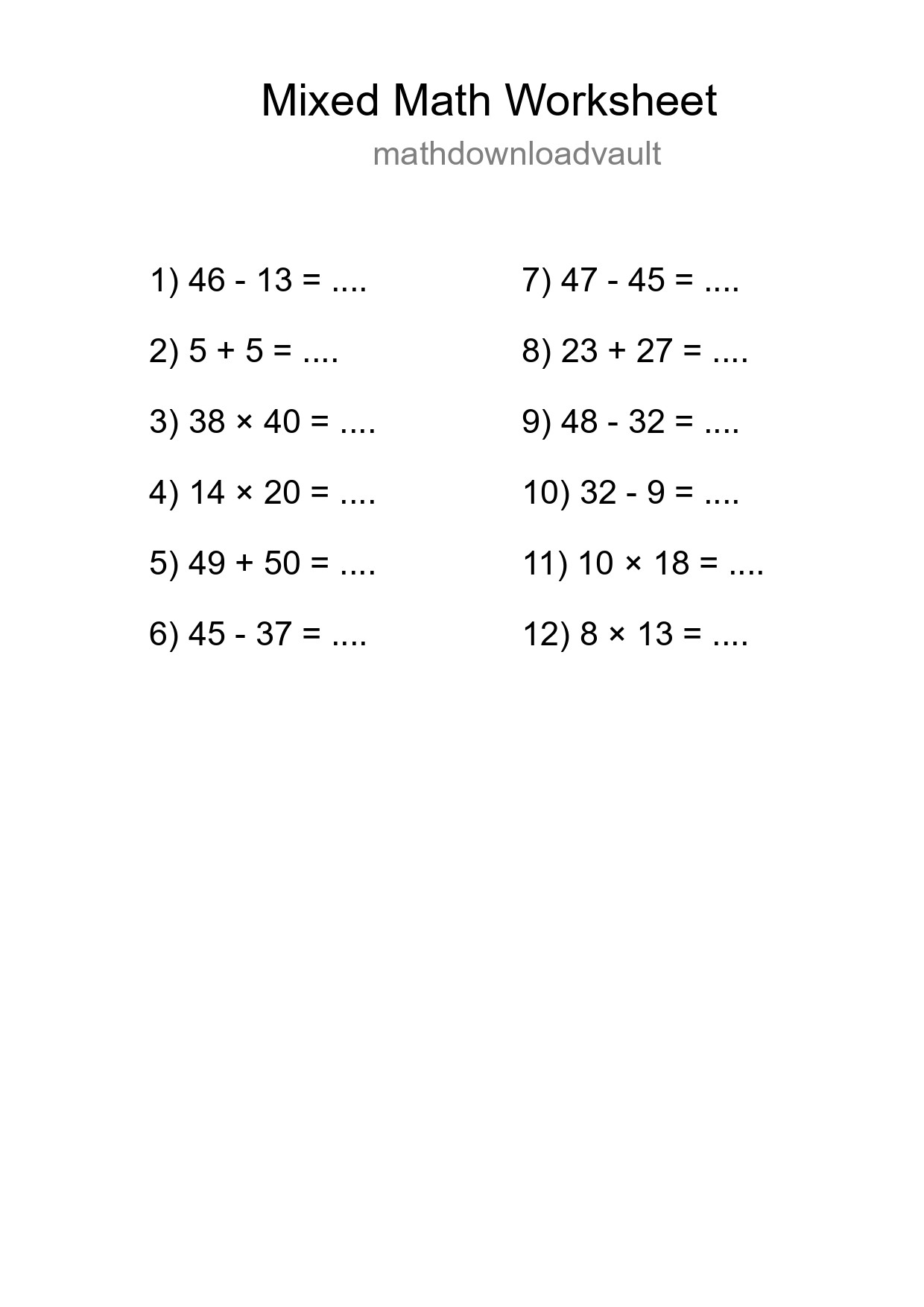 Mixed Operations Math Worksheet