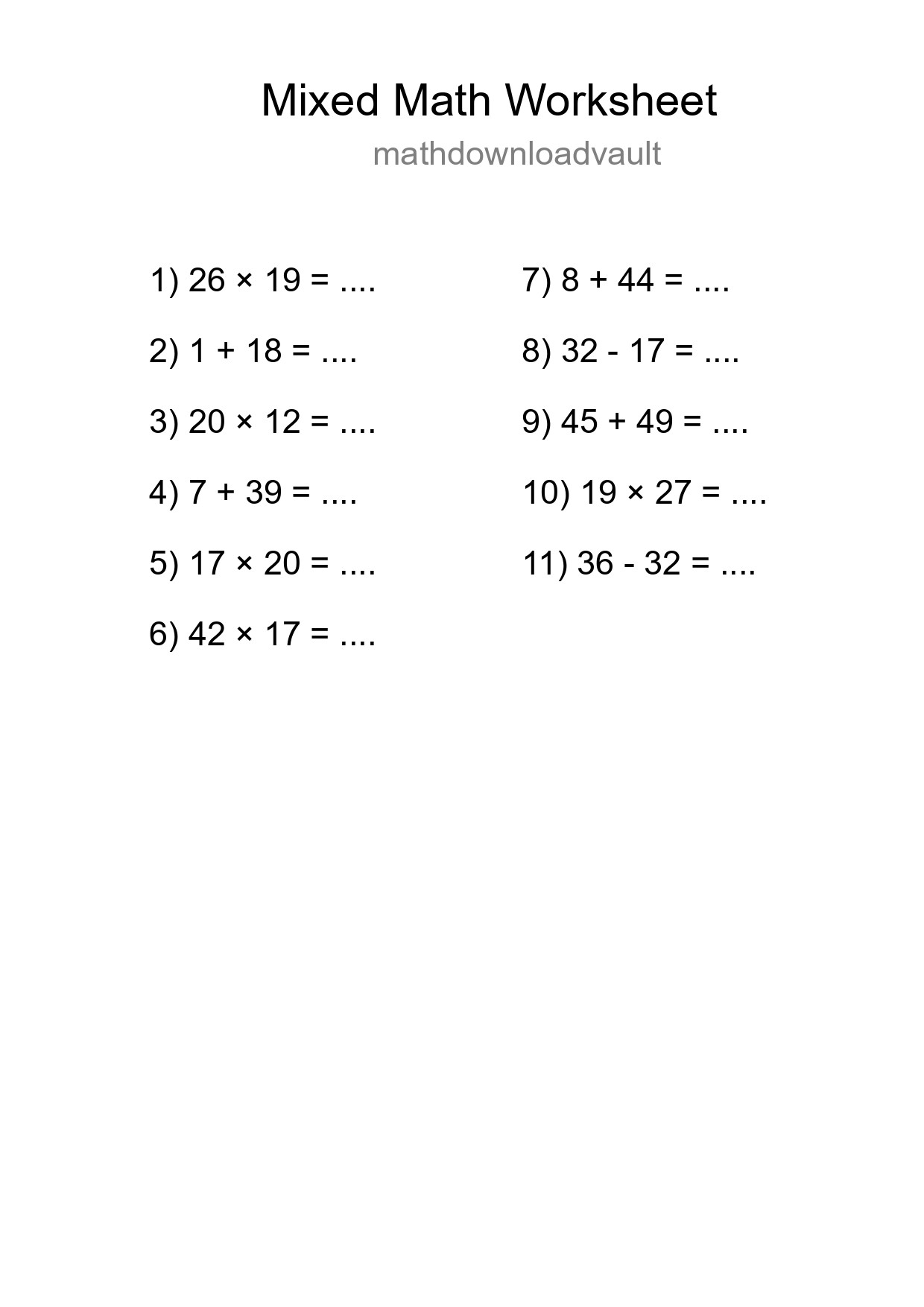 Mixed Operations Math Worksheet