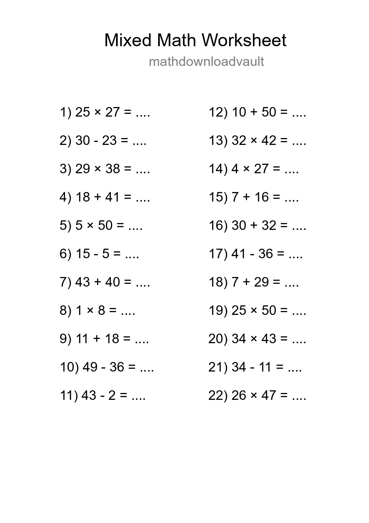 Mixed Operations Math Worksheet