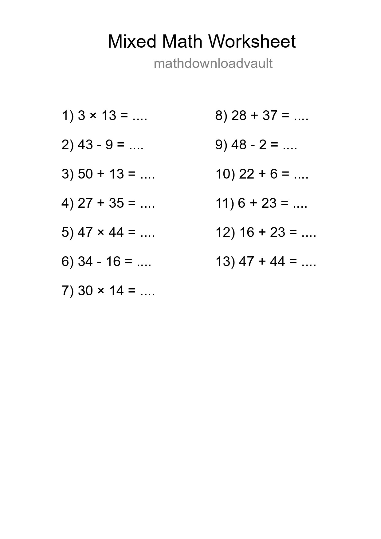 Mixed Operations Math Worksheet