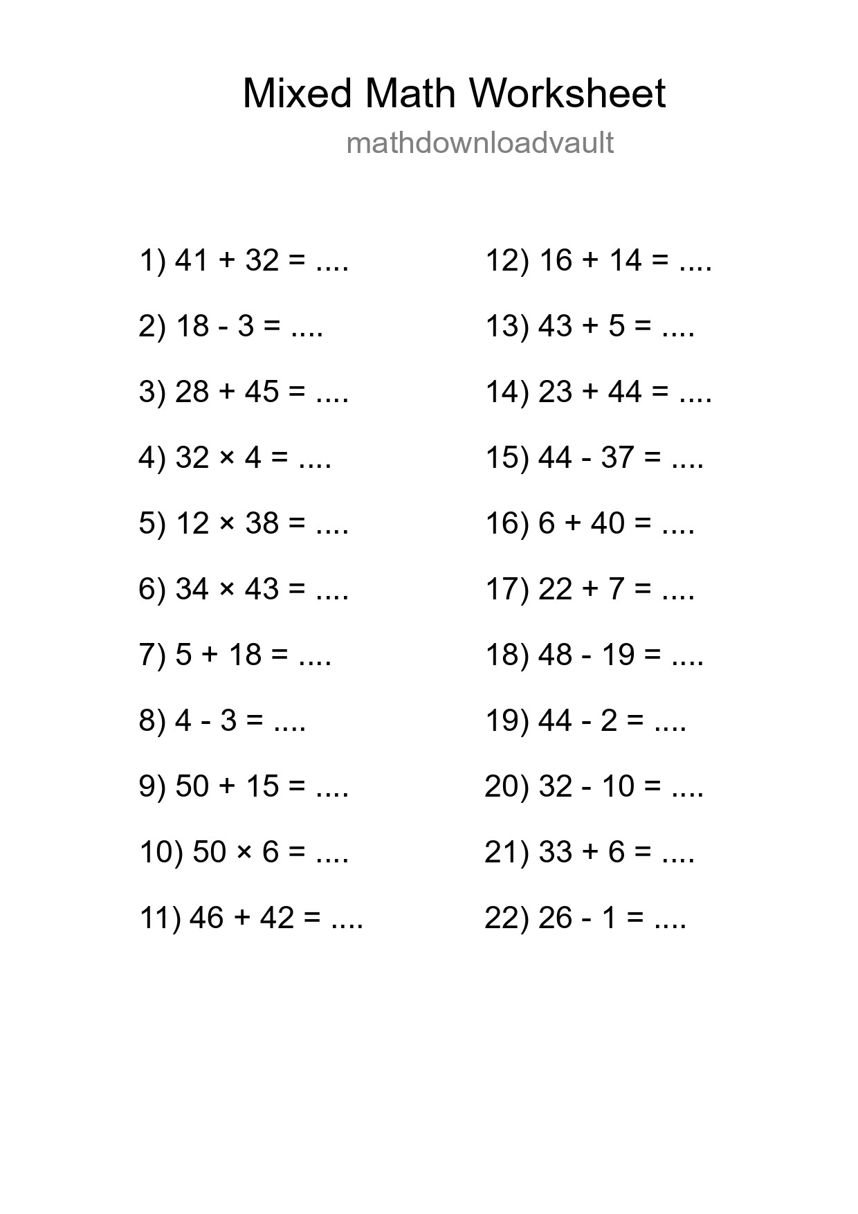 Mixed Operations Math Worksheet