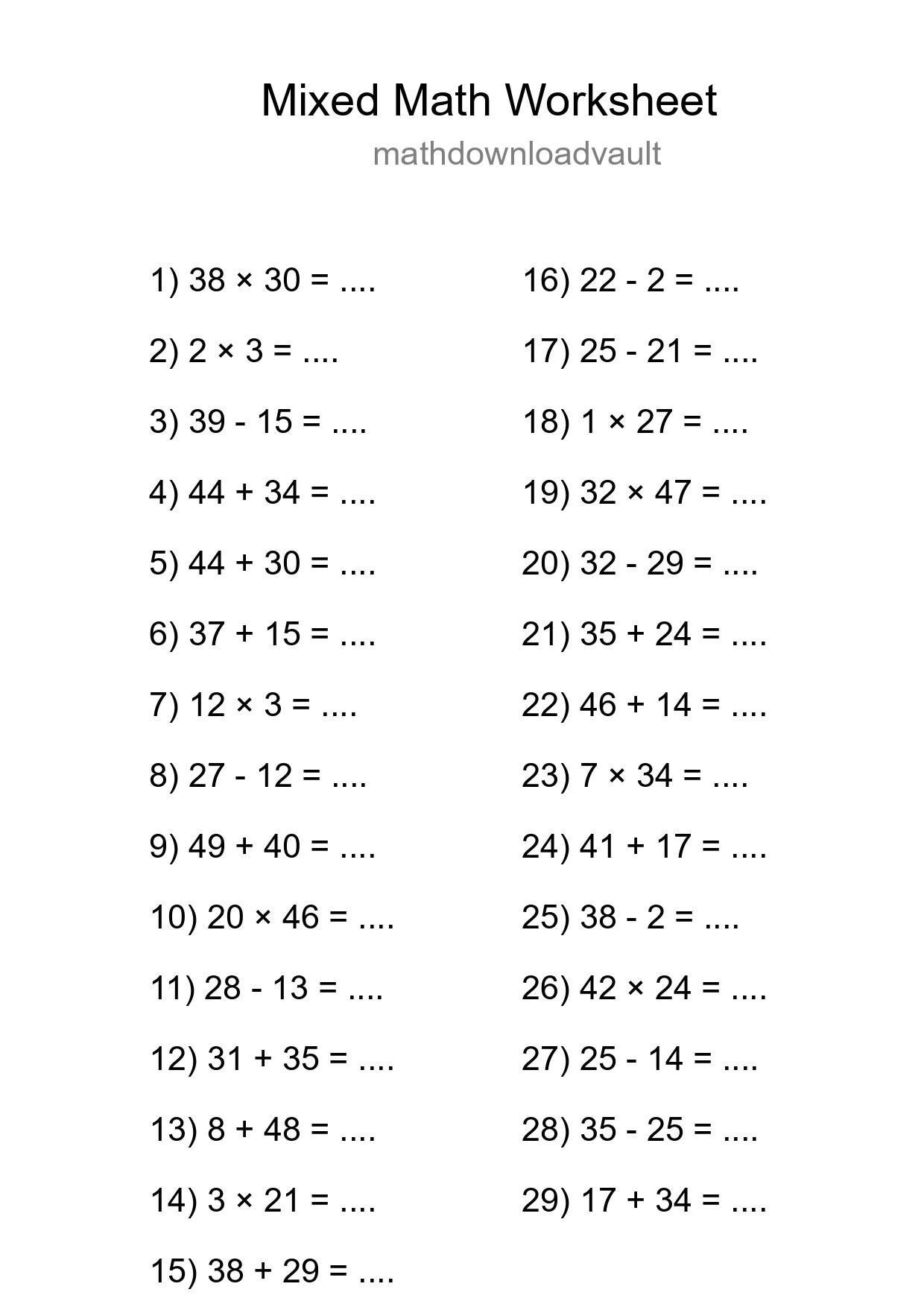 Mixed Operations Math Worksheet