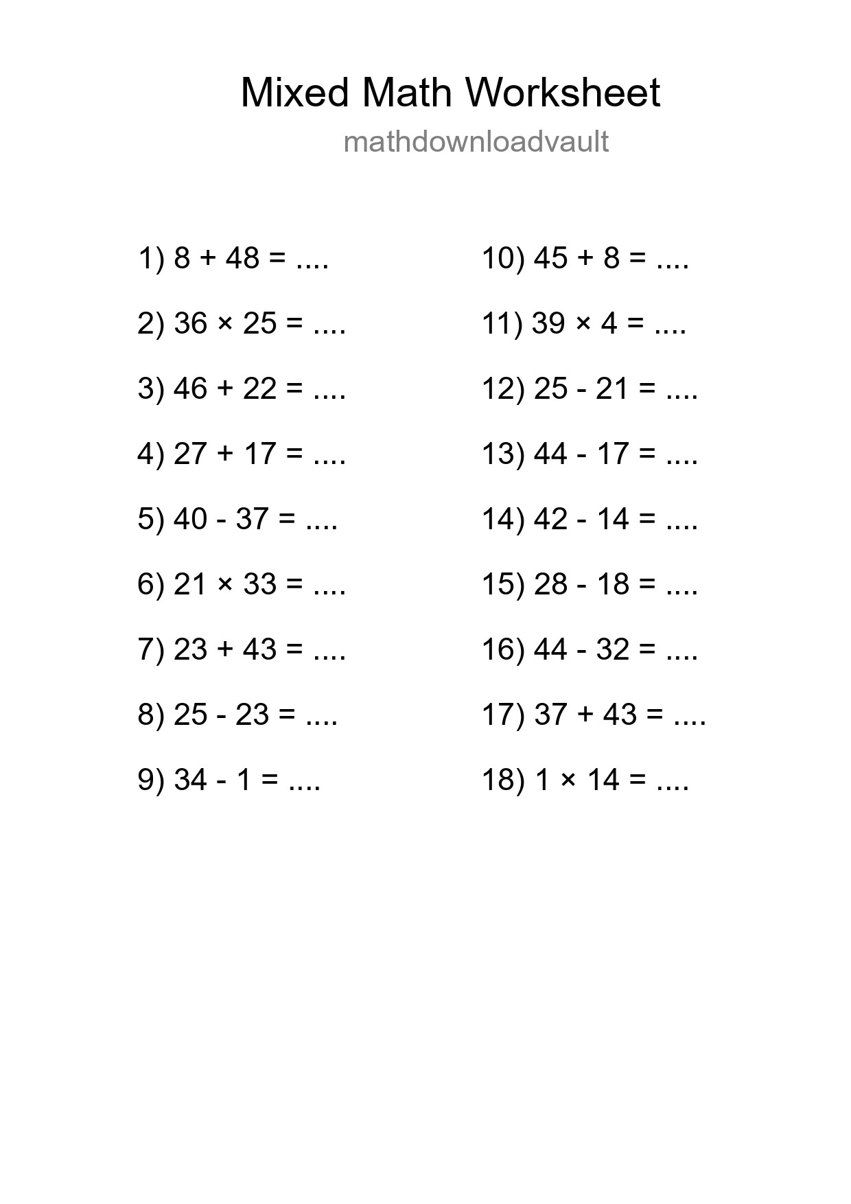 Mixed Operations Math Worksheet