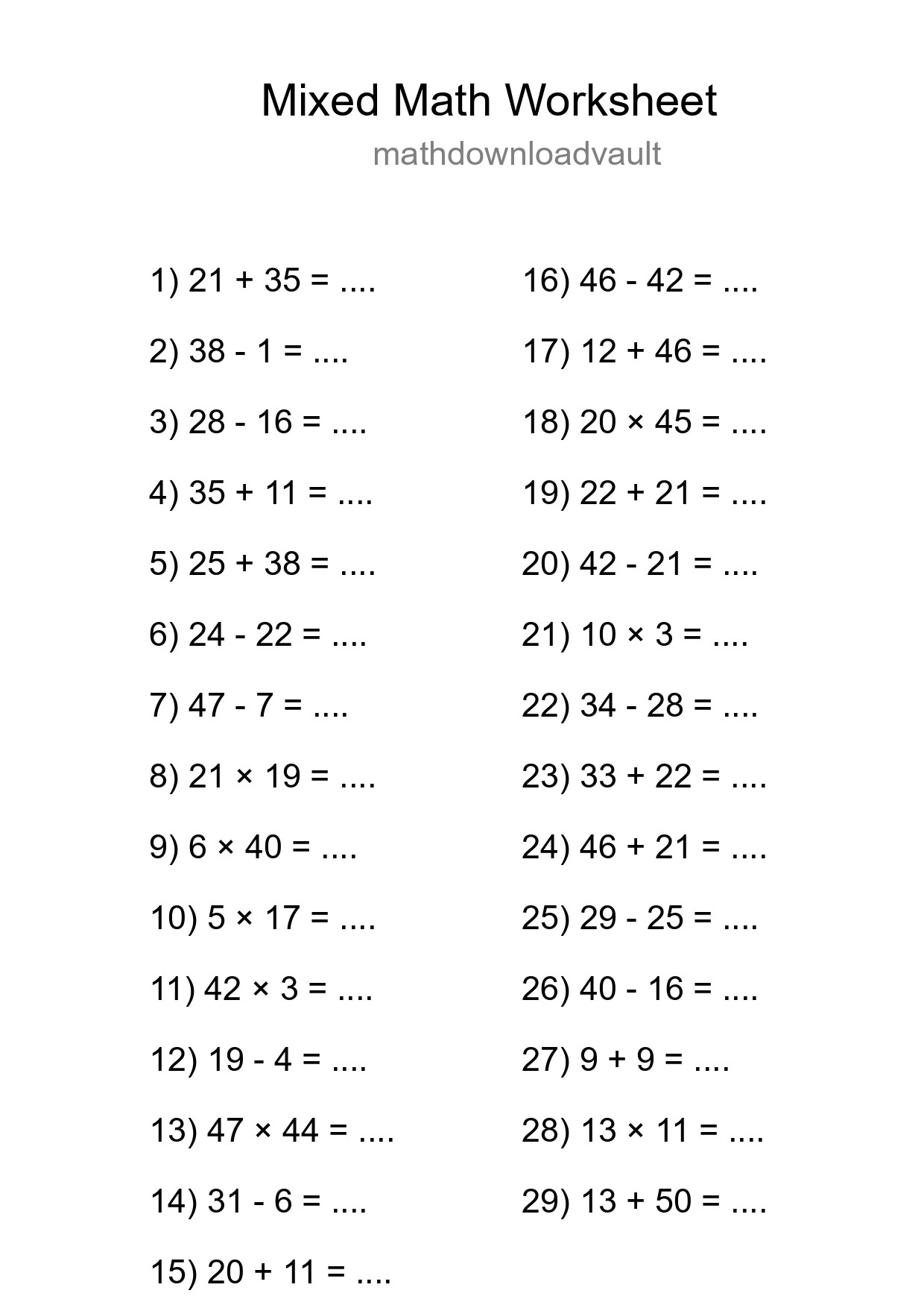 Mixed Operations Math Worksheet
