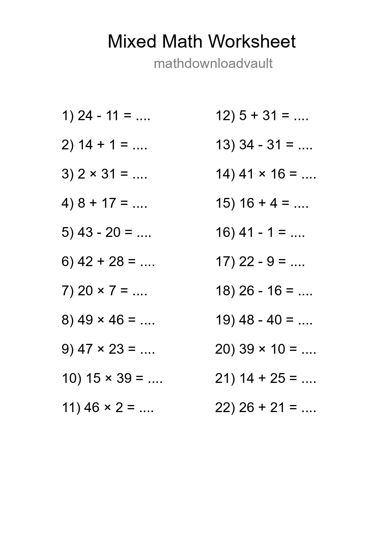 Mixed Operations Math Worksheet