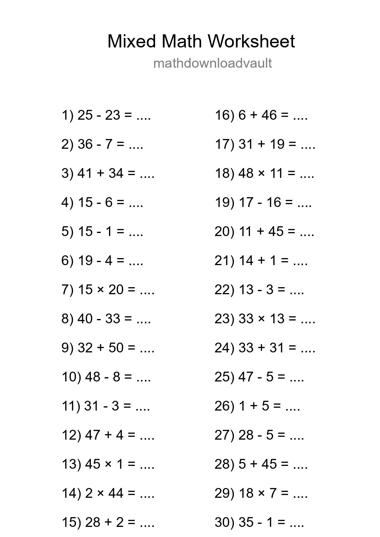 Mixed Operations Math Worksheet