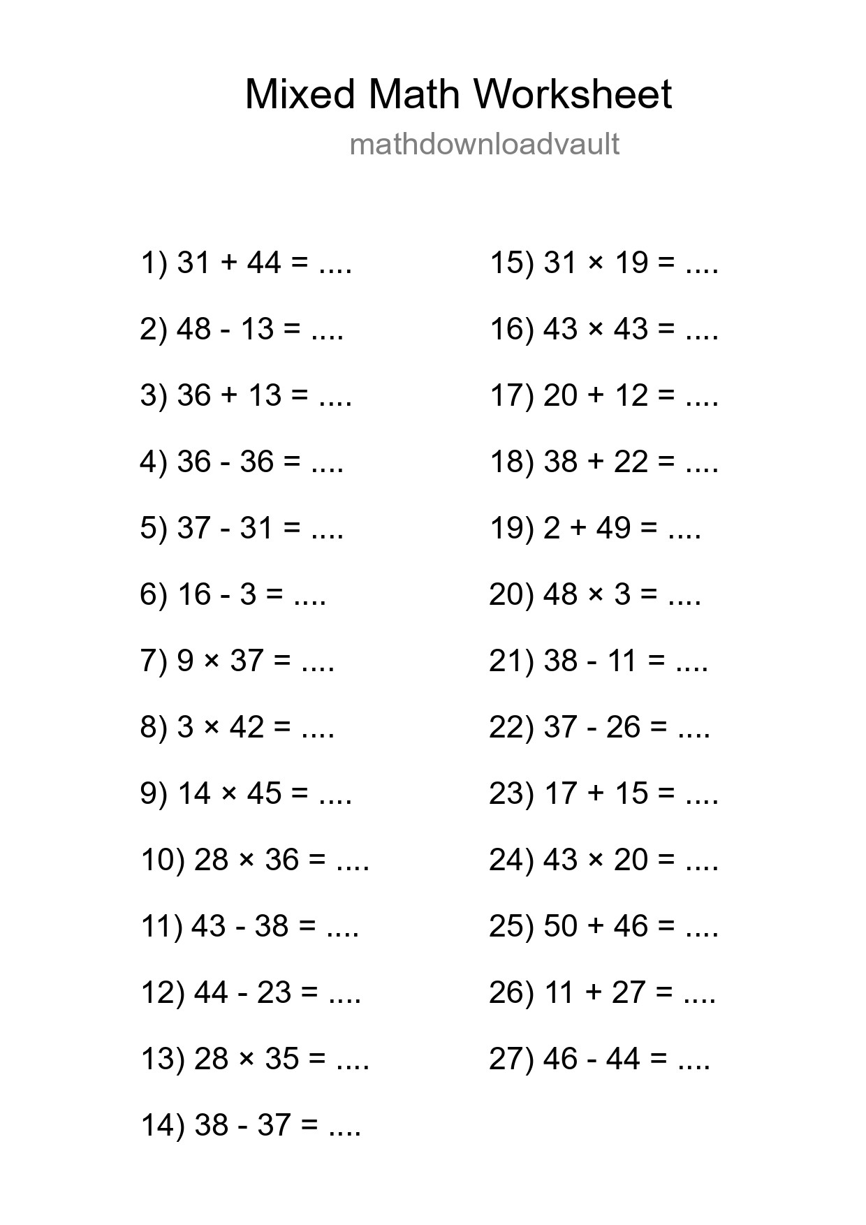 Mixed Operations Math Worksheet