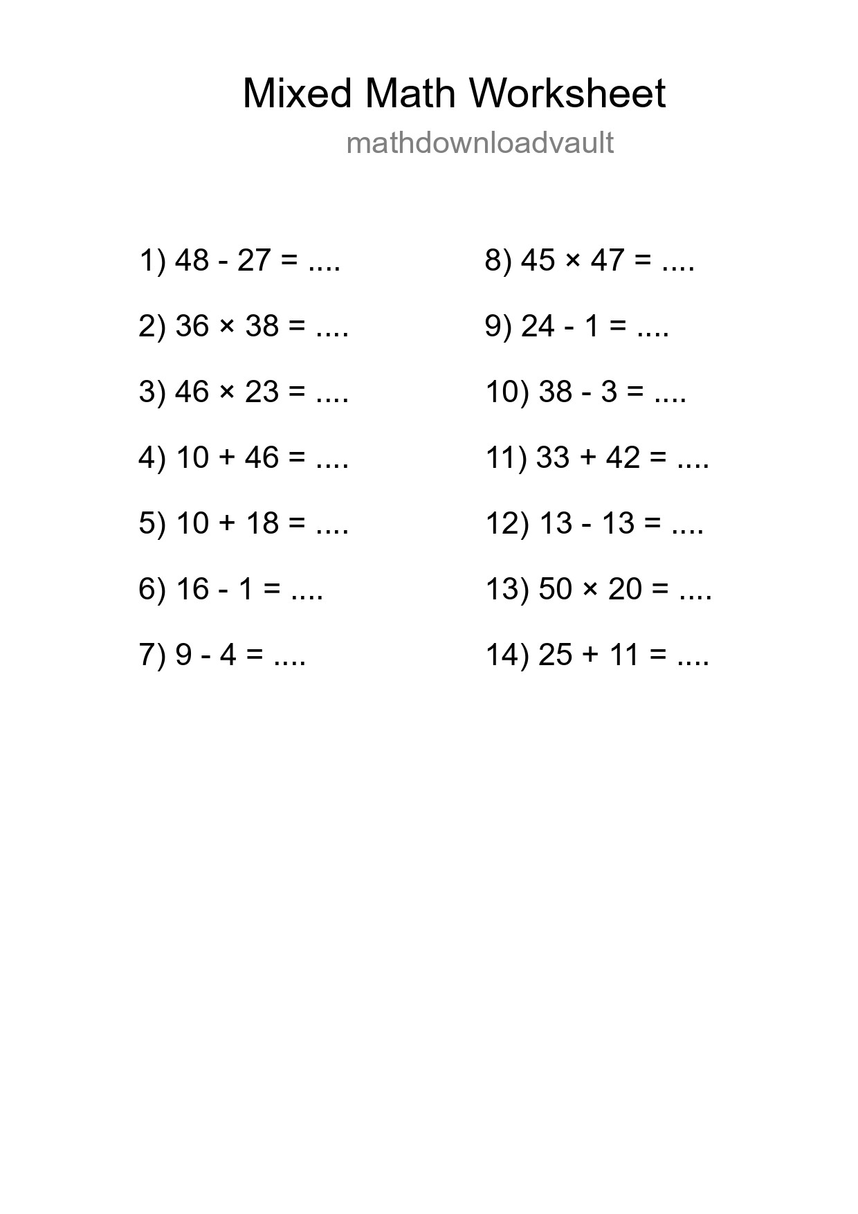 Mixed Operations Math Worksheet
