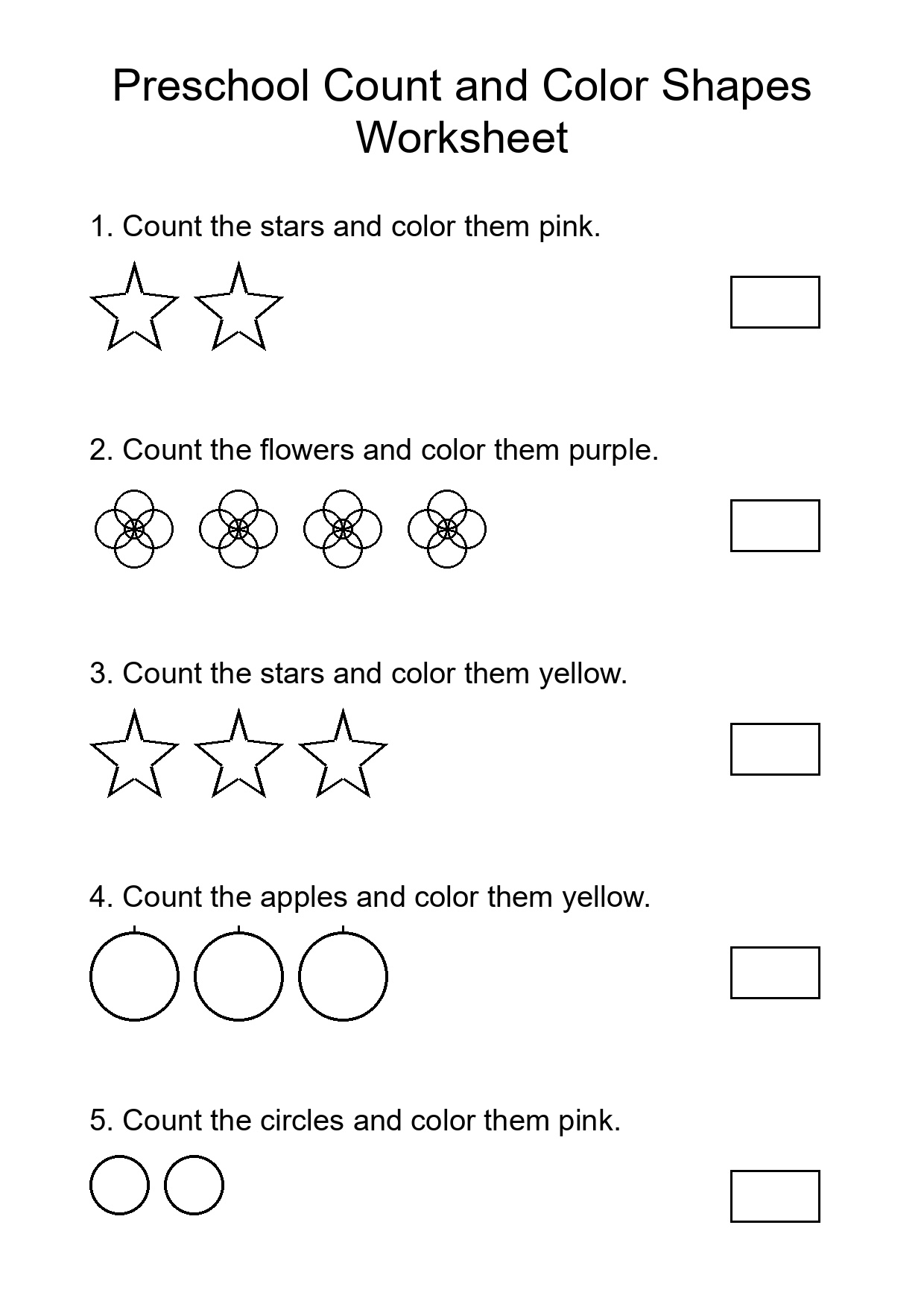 Preschool Count and Color Shapes Worksheet