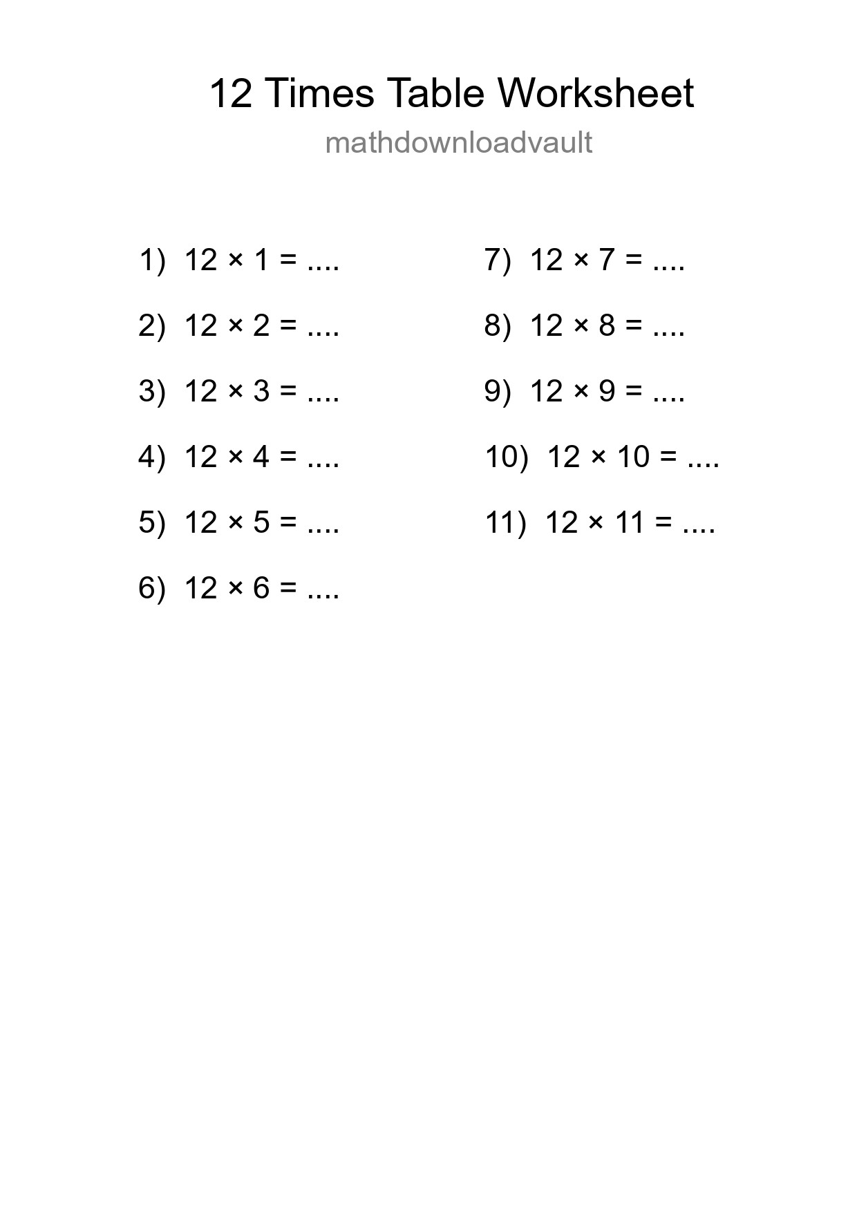 Printable 12 Times Table Worksheet For Grade 4 - Part 31