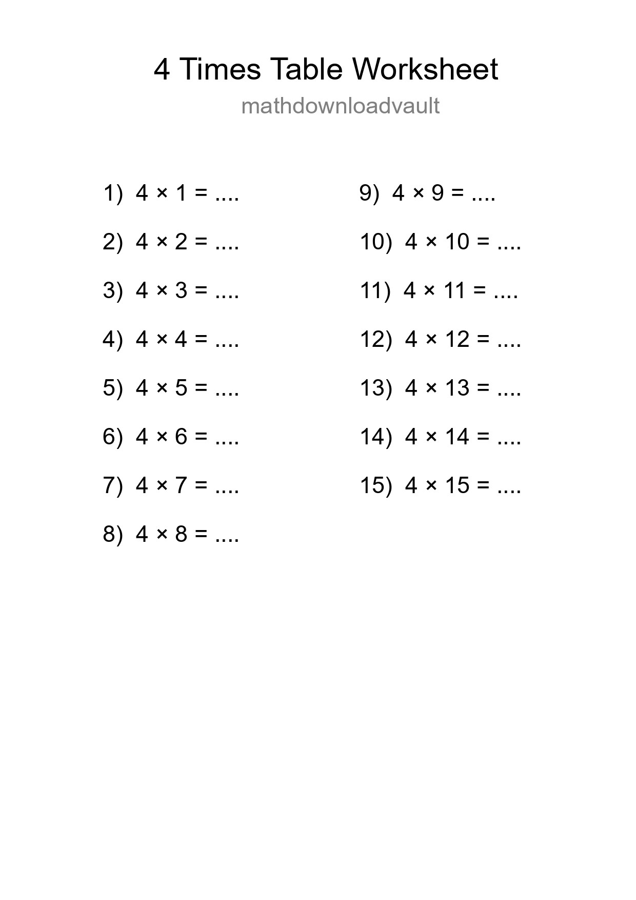 Printable 4 Times Table Worksheet For Grade 2 - Part 262