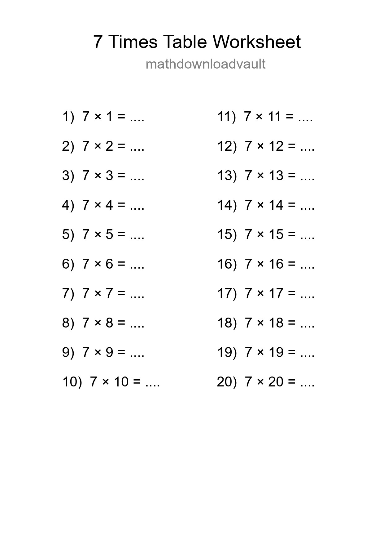 Printable 7 Times Table Worksheet For Grade 3 - Part 152