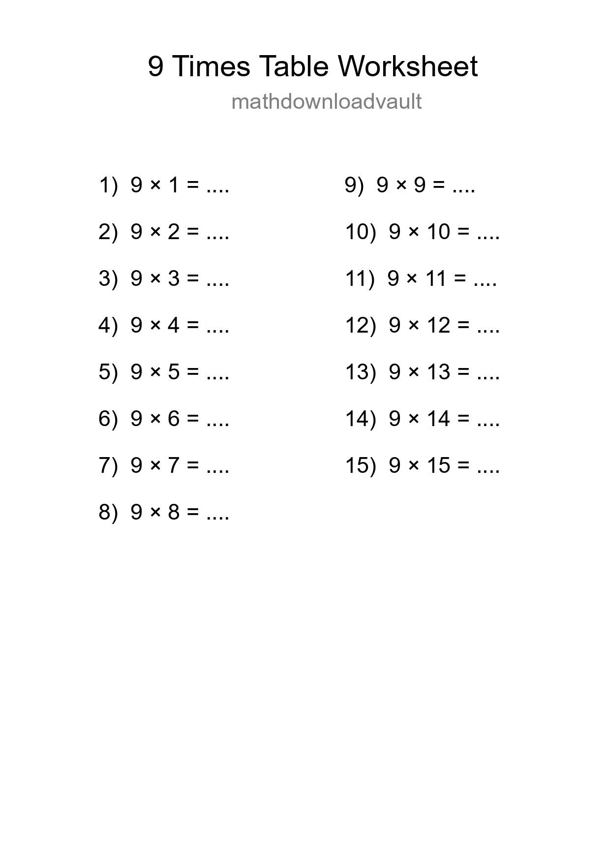 Printable 9 Times Table Worksheet For Grade 3 - Part 196