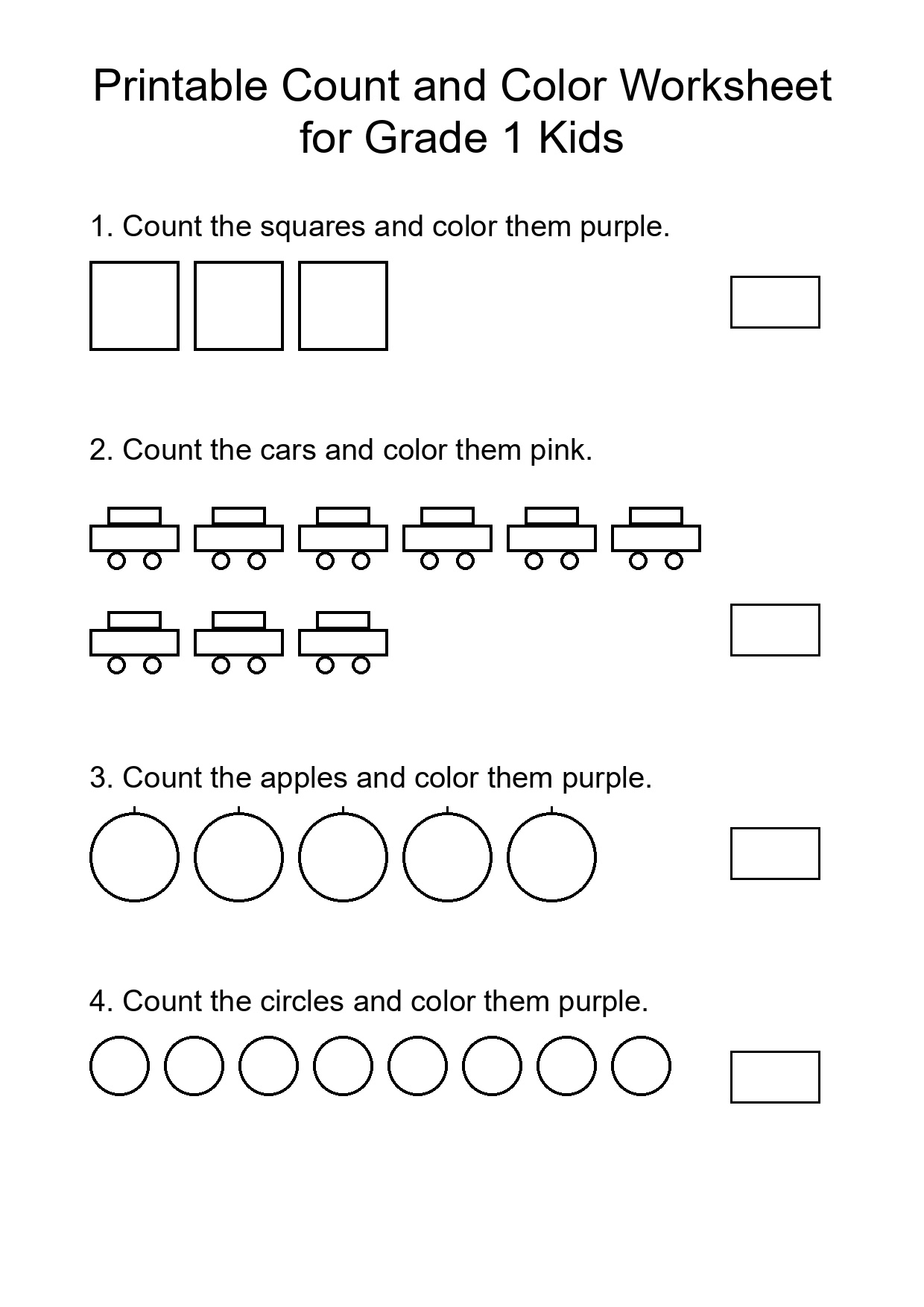 Printable Count and Color Worksheet for Grade 1 Kids