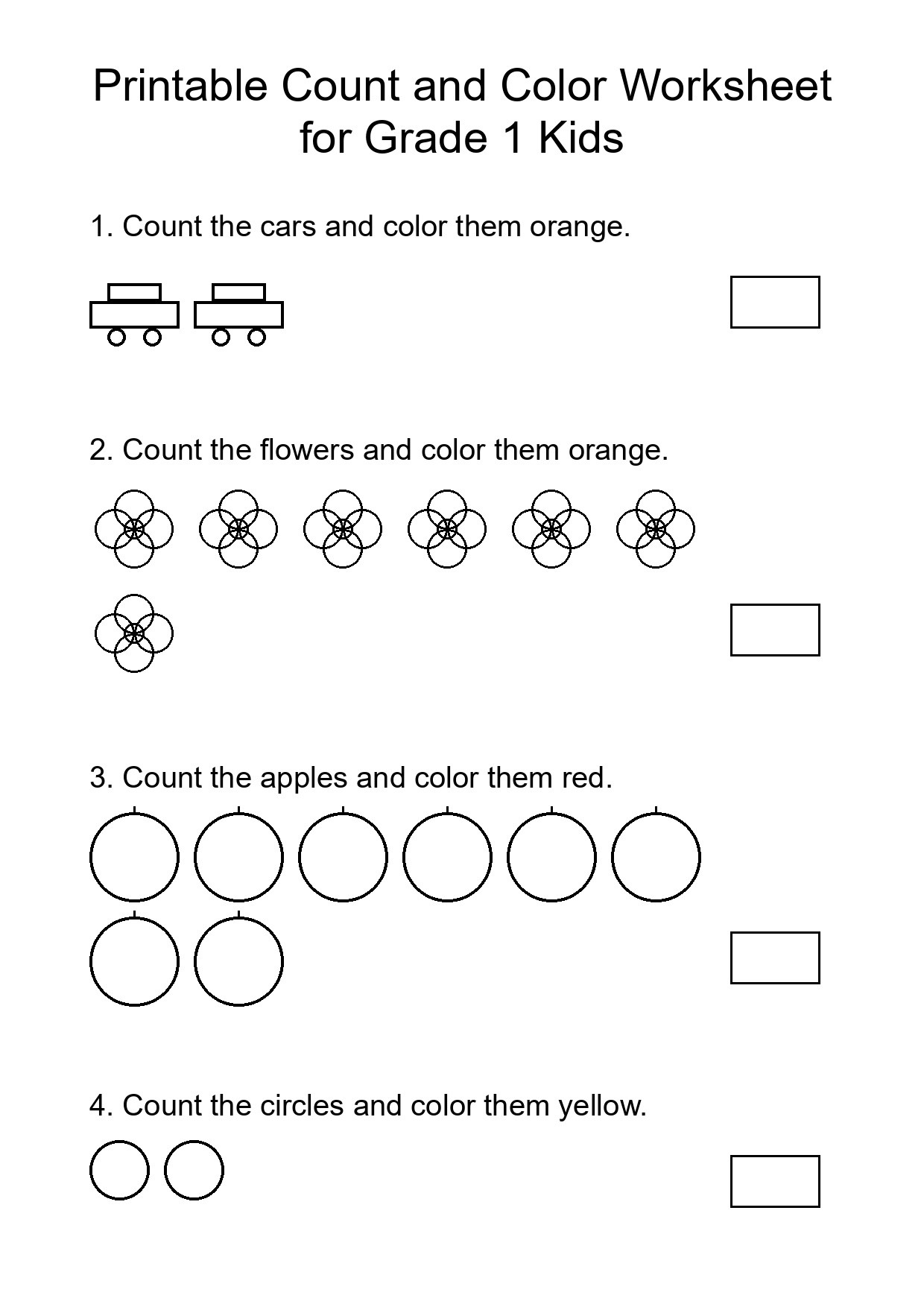 Printable Count and Color Worksheet for Grade 1 Kids
