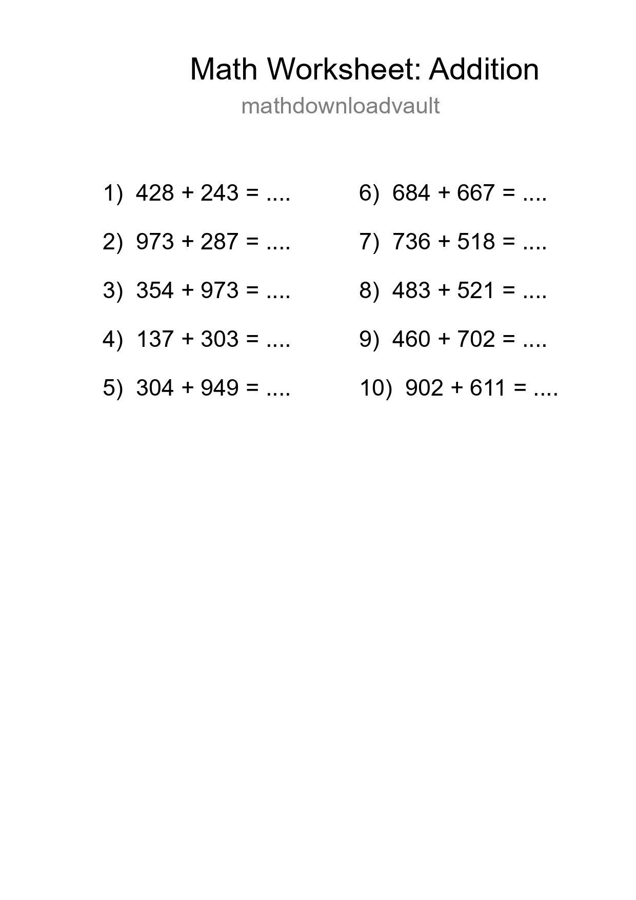 Printable Free 10 Addition Math Worksheet For Grade 5 - Part 243