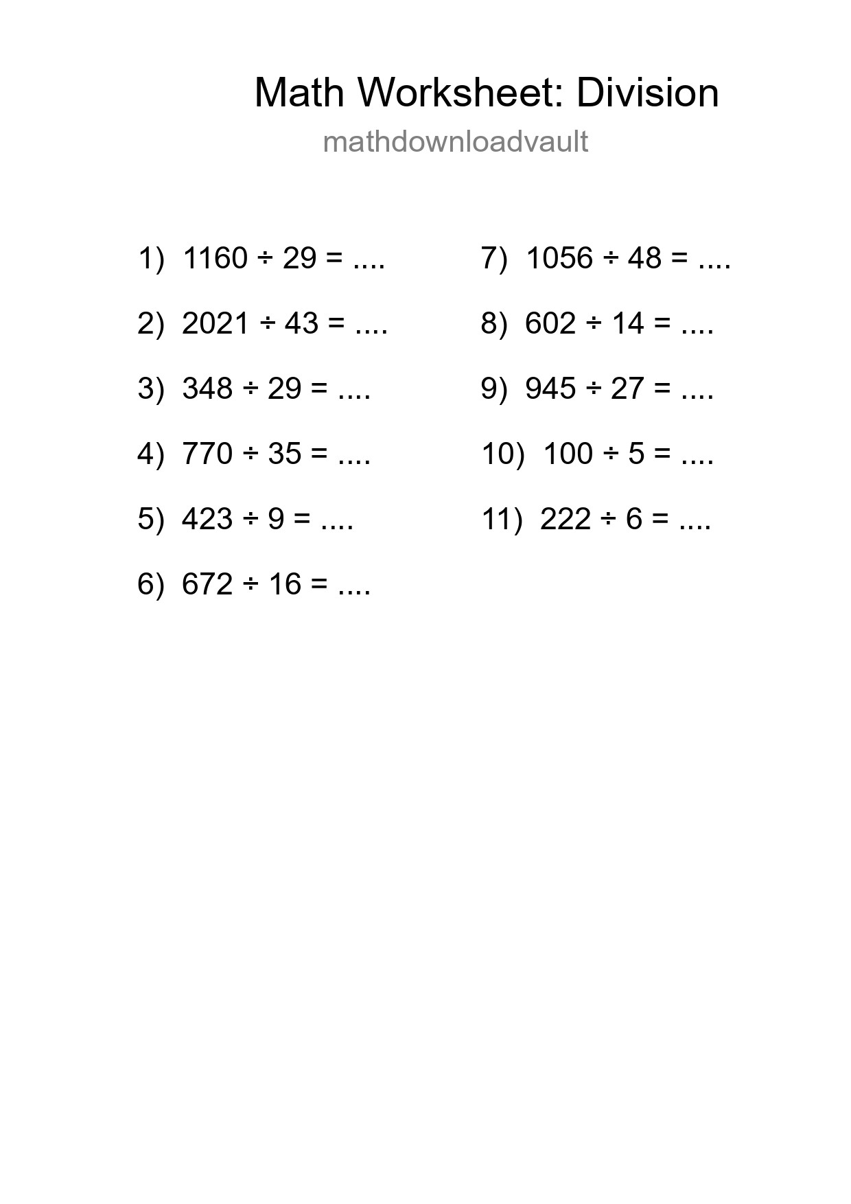 Printable Free 11 Division Math Worksheet For Grade 2 - Part 279